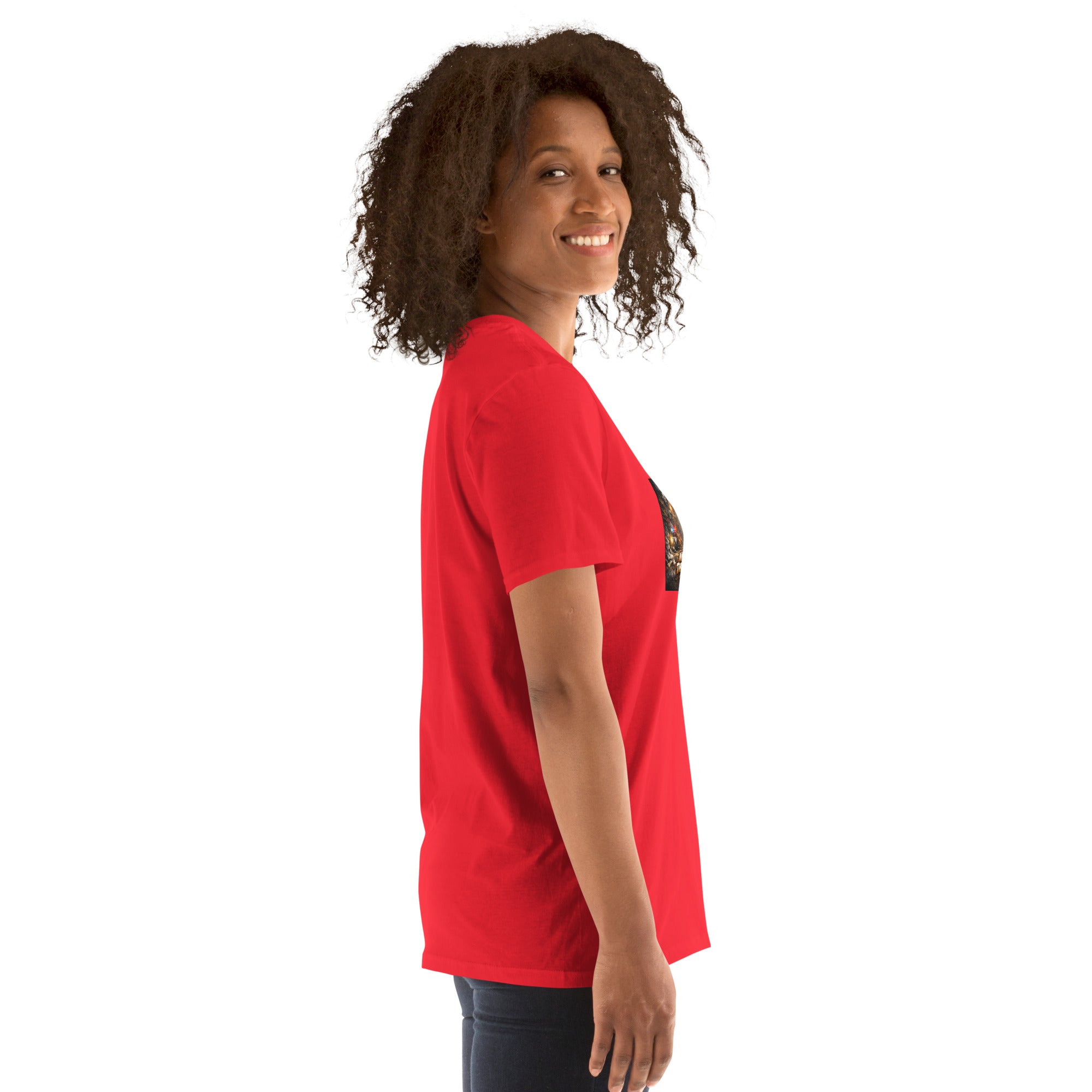 Premium T-shirt in red, side profile with short sleeves and chest graphic patch