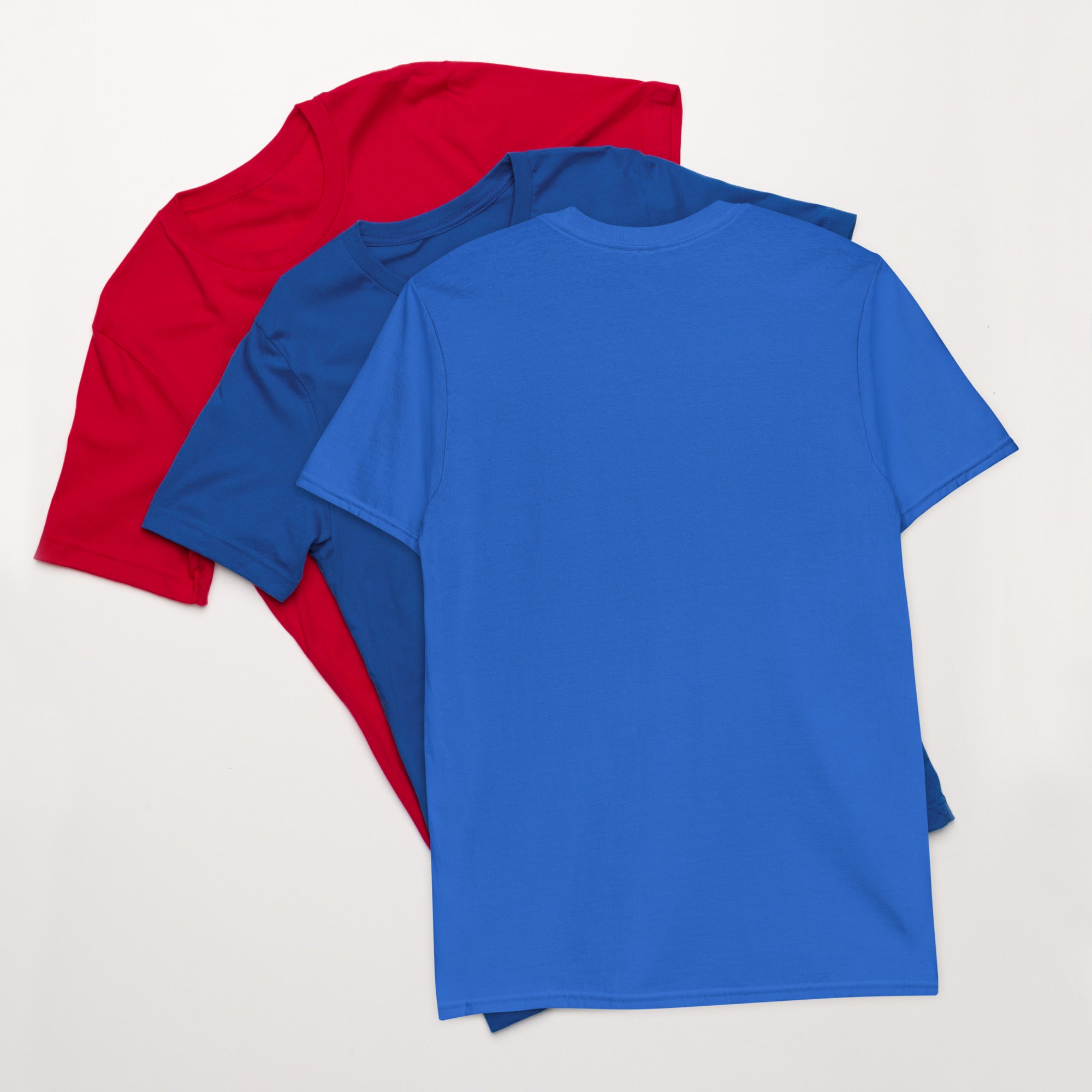 Plain royal blue unisex T-shirt back view, with red and blue tees behind