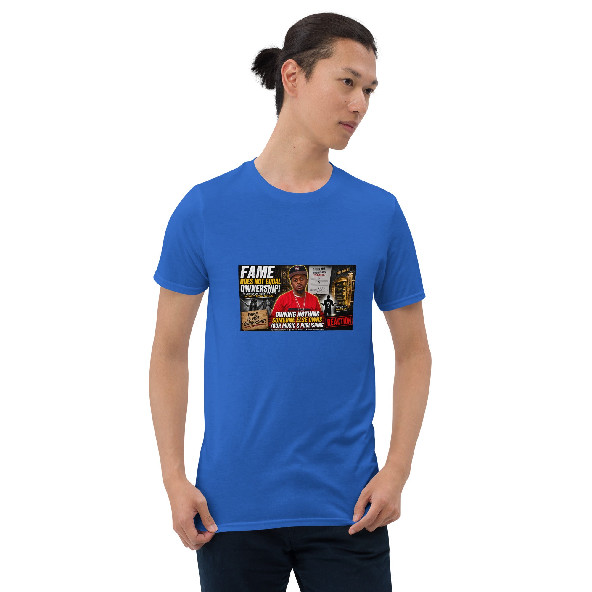 Unisex short-sleeve T-shirt, blue, front view with Fame graphic print