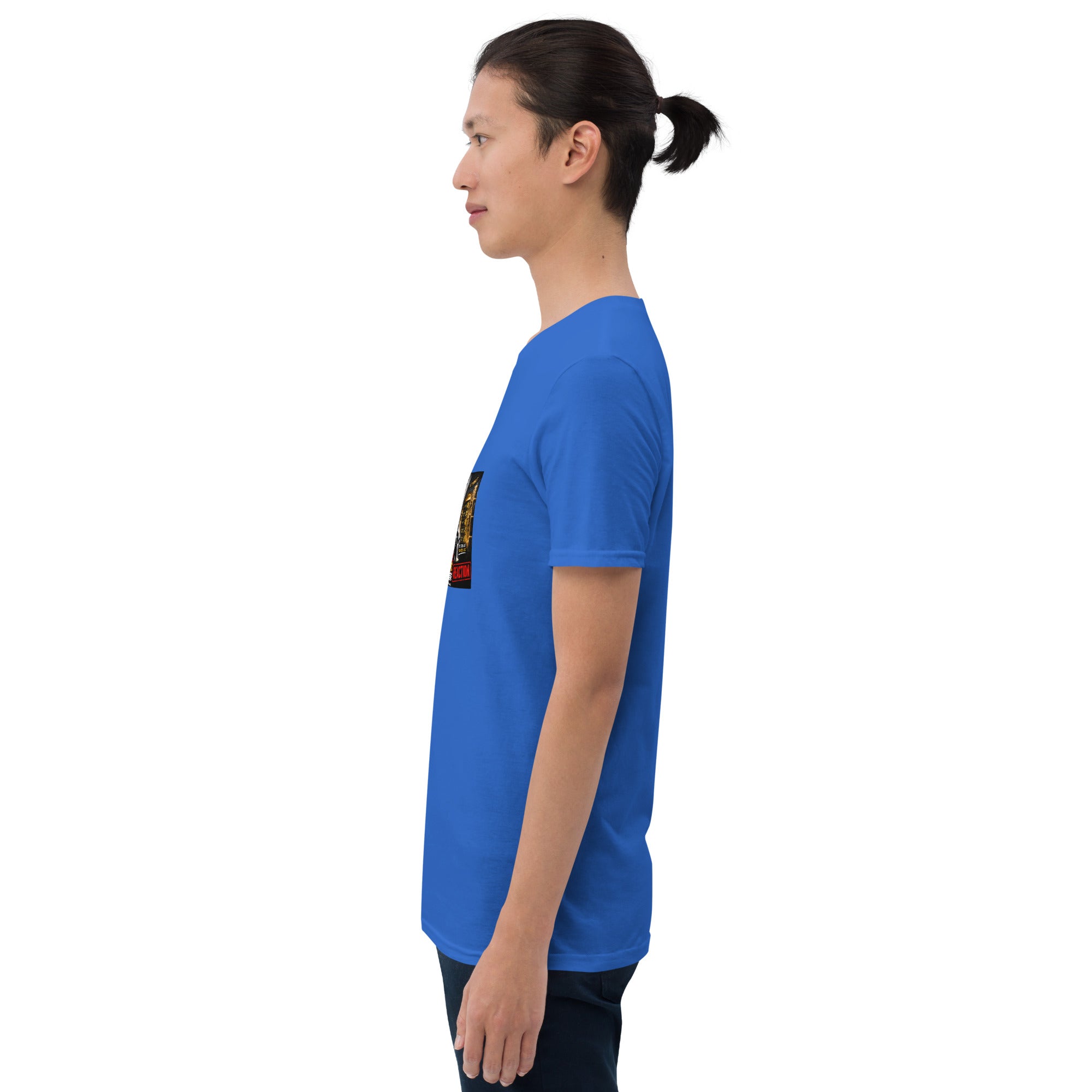 Unisex short-sleeve T-shirt, blue, side-back graphic print