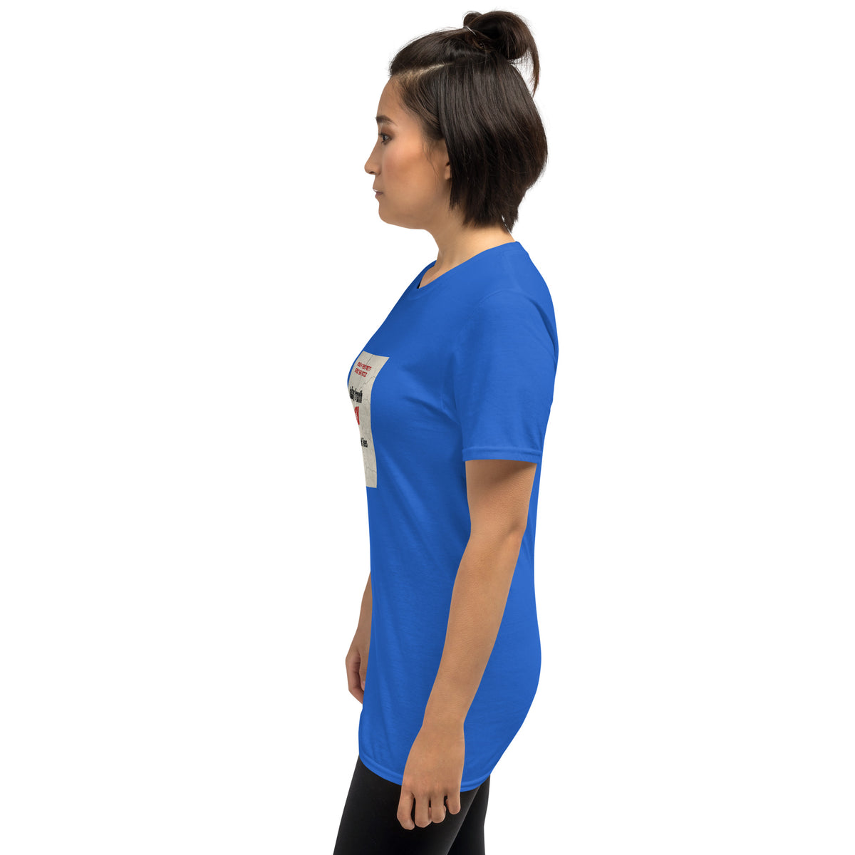 Blue unisex graphic T-shirt, side view of back graphic patch