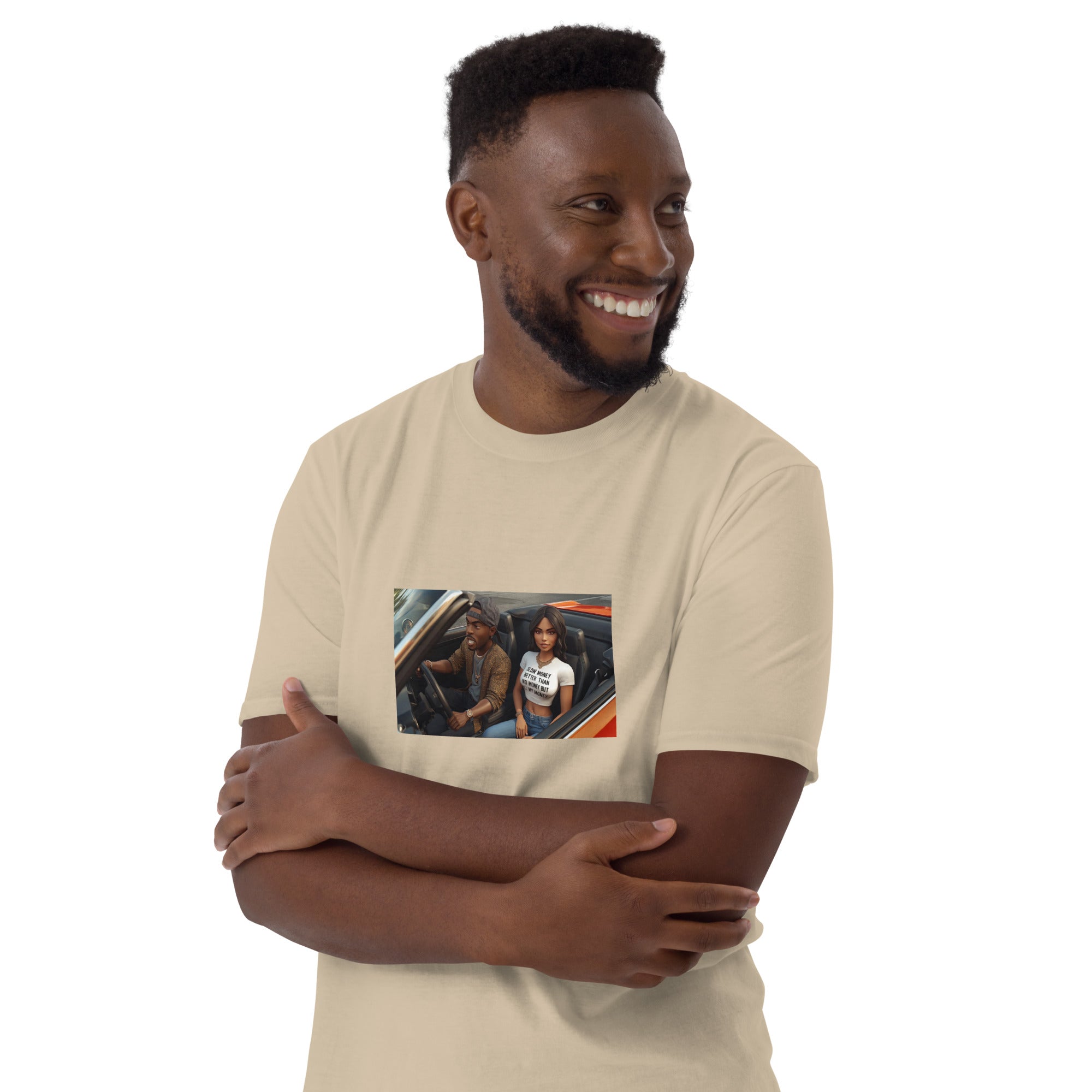 Sand unisex short-sleeve T-shirt, front view, photo graphic at center chest