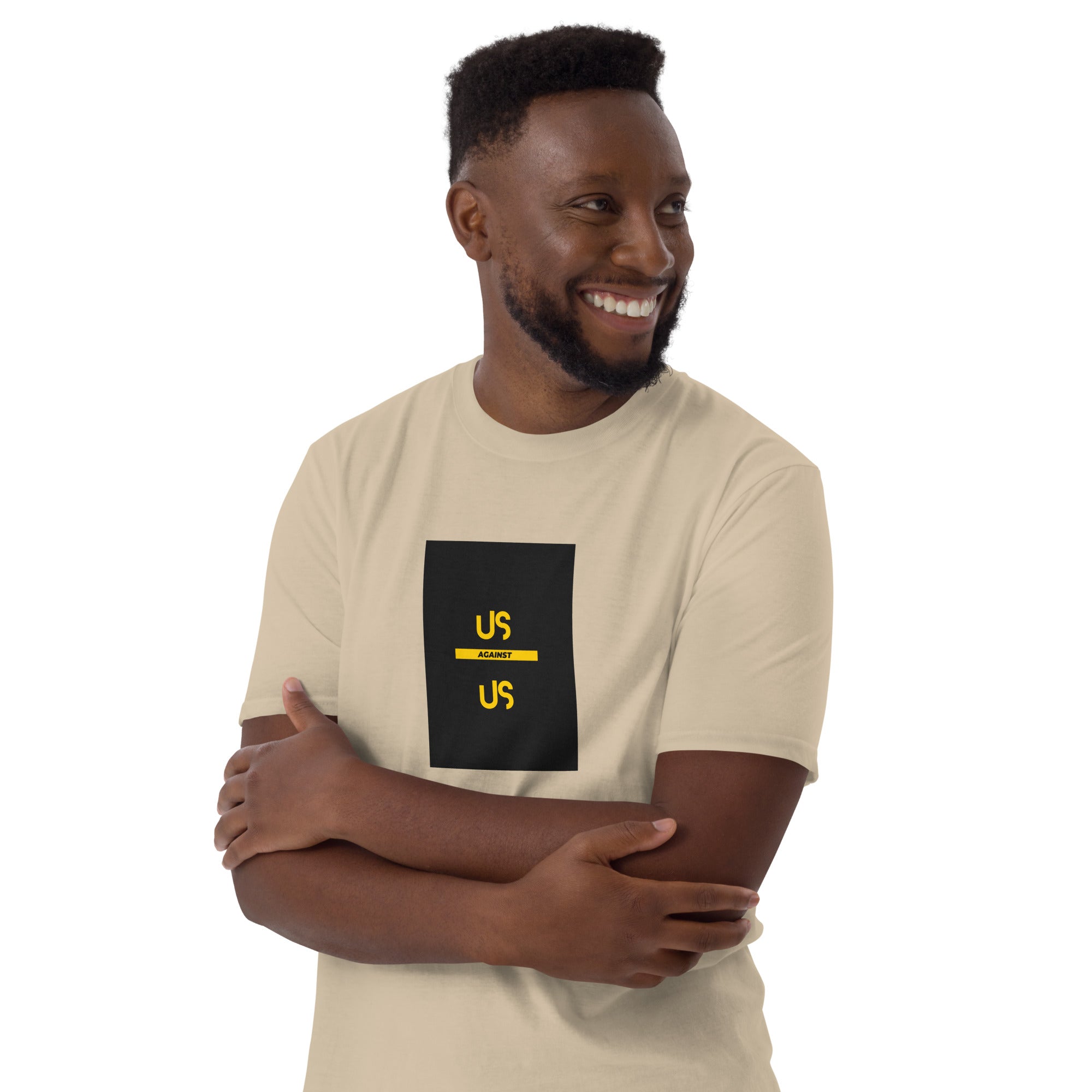 Natural/beige unisex short-sleeve T-shirt with centered square logo graphic