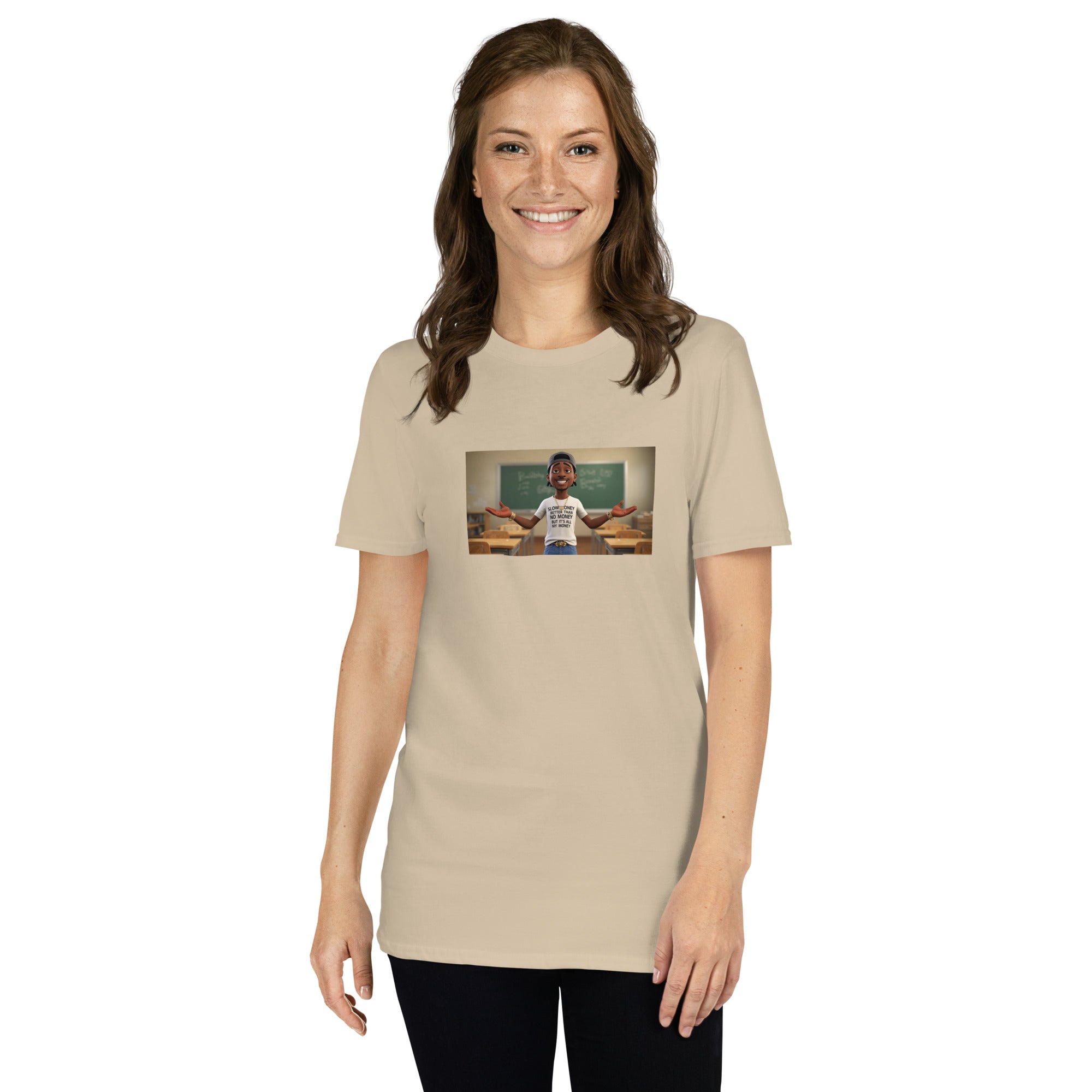Beiges Unisex-T-Shirt mit Kurzarm und Frontprint