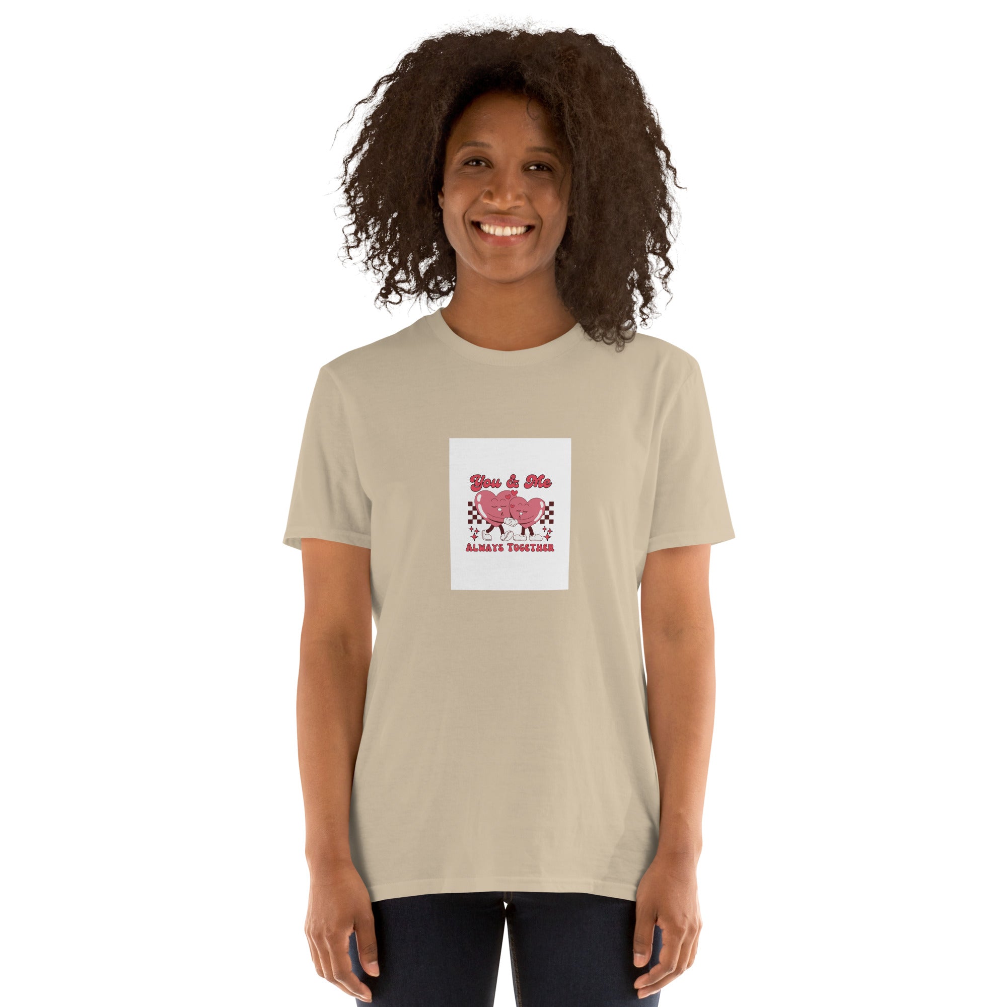 Unisex short-sleeve T-shirt in sand/khaki with heart graphic in a white square