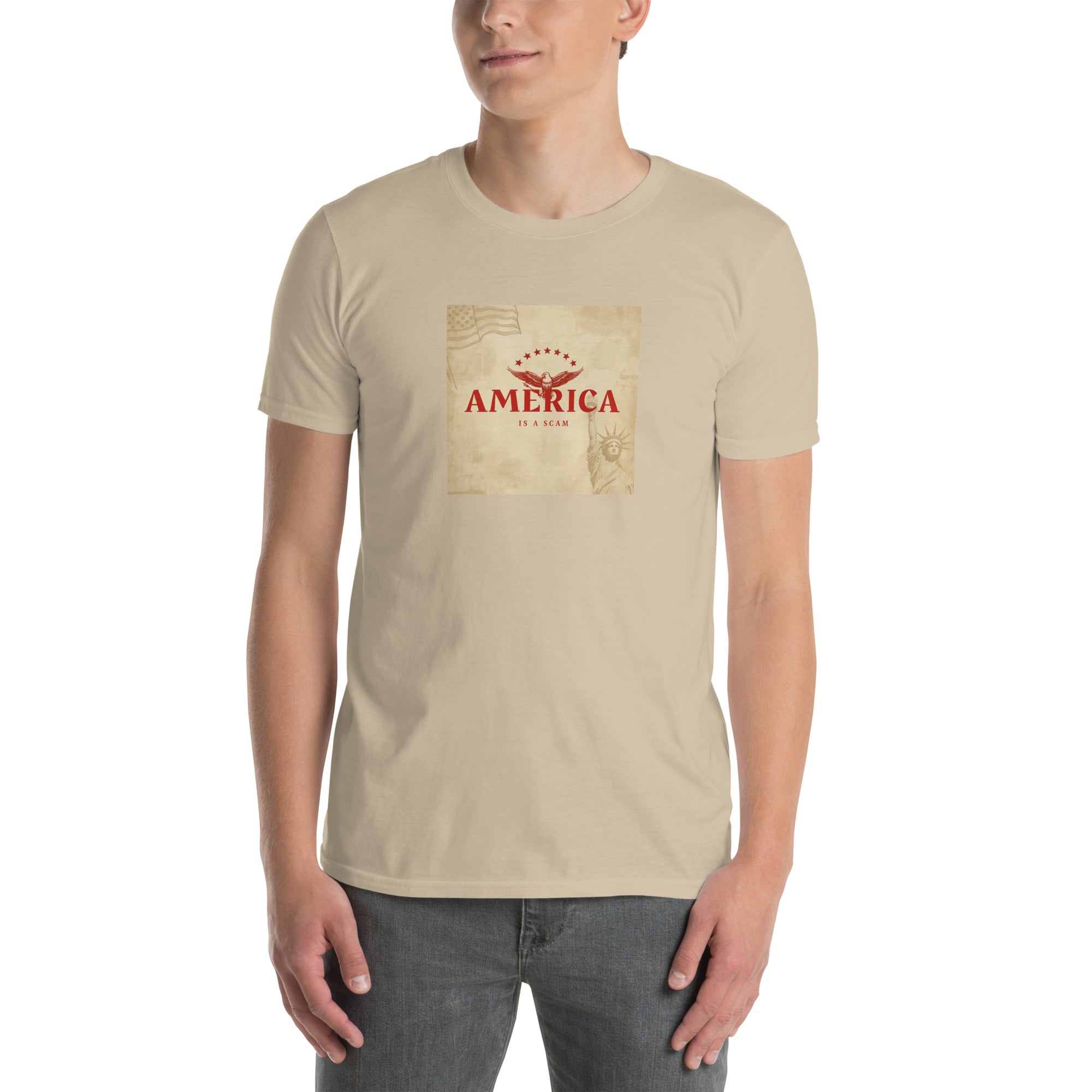 America Is A Scam unisex T-shirt, natural/beige, short sleeves, front graphic