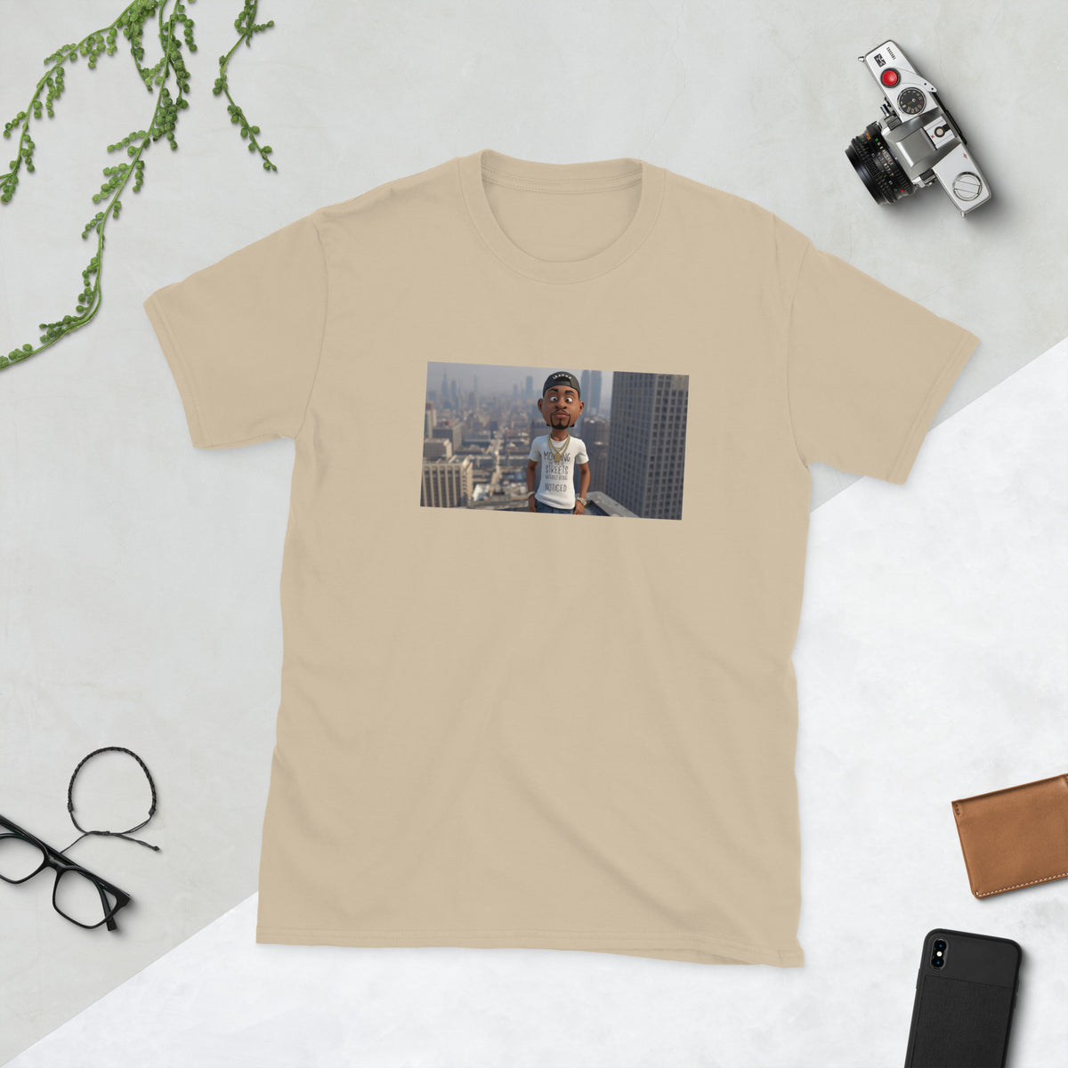Beige graphic streetwear T-shirt with front photo print rectangle design