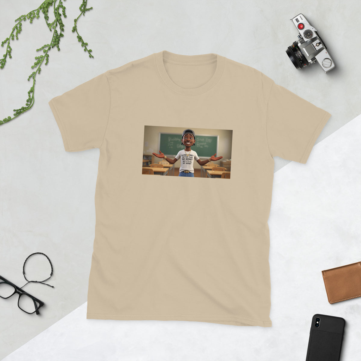 Sand short-sleeve graphic tee with centered photo-style print