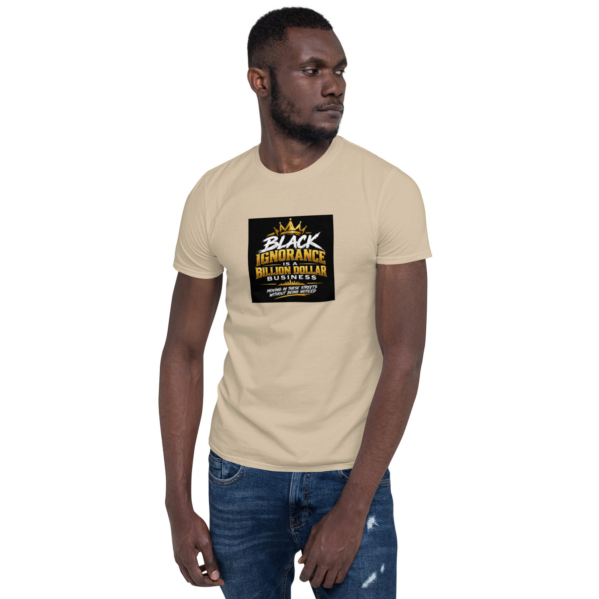 Sand unisex short-sleeve T-shirt with black graphic logo print on the chest