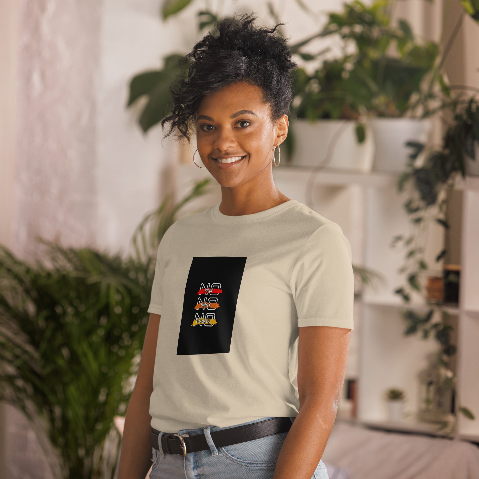 Unisex T-shirt, natural/beige, crew neck and square logo chest print