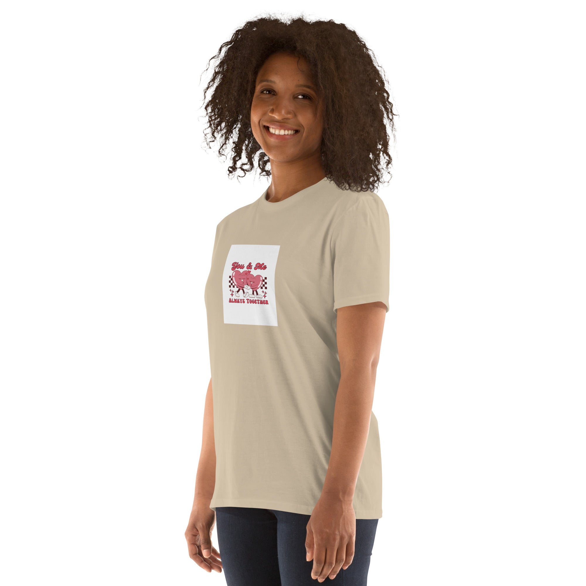Unisex short-sleeve T-shirt sand/khaki with front heart graphic in white square