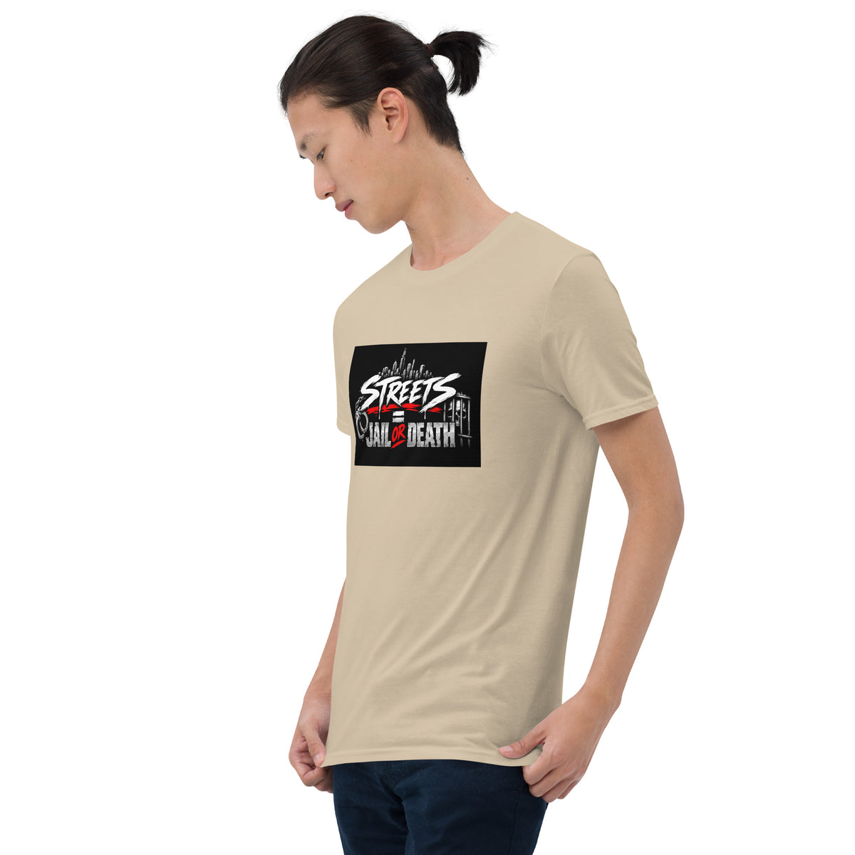 Beige unisex graphic T-shirt with black square chest graphic, crew neck.