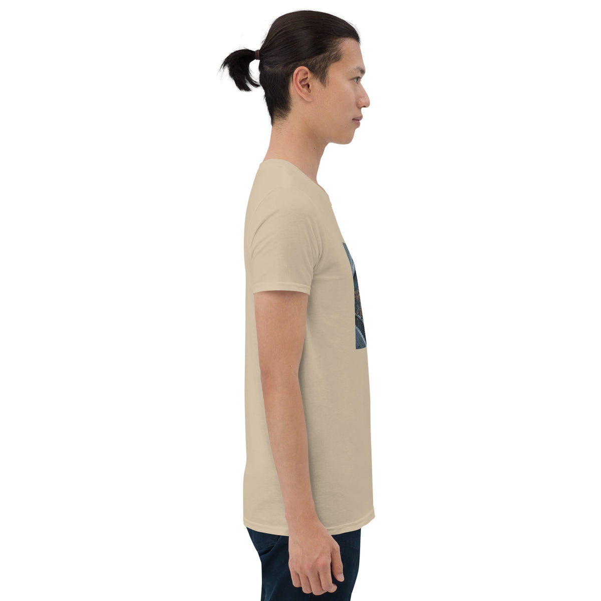 MIS Apparel sand graphic tee, side view, straight hem and short sleeves