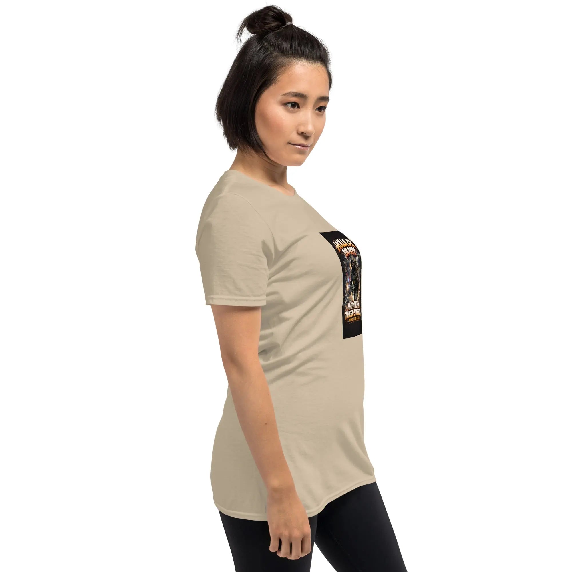 Sand unisex T-shirt side view with front graphic print
