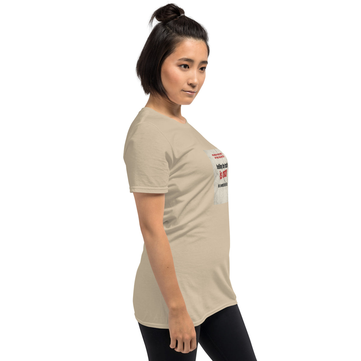 Beige unisex graphic T-shirt with side graphic patch on sleeve