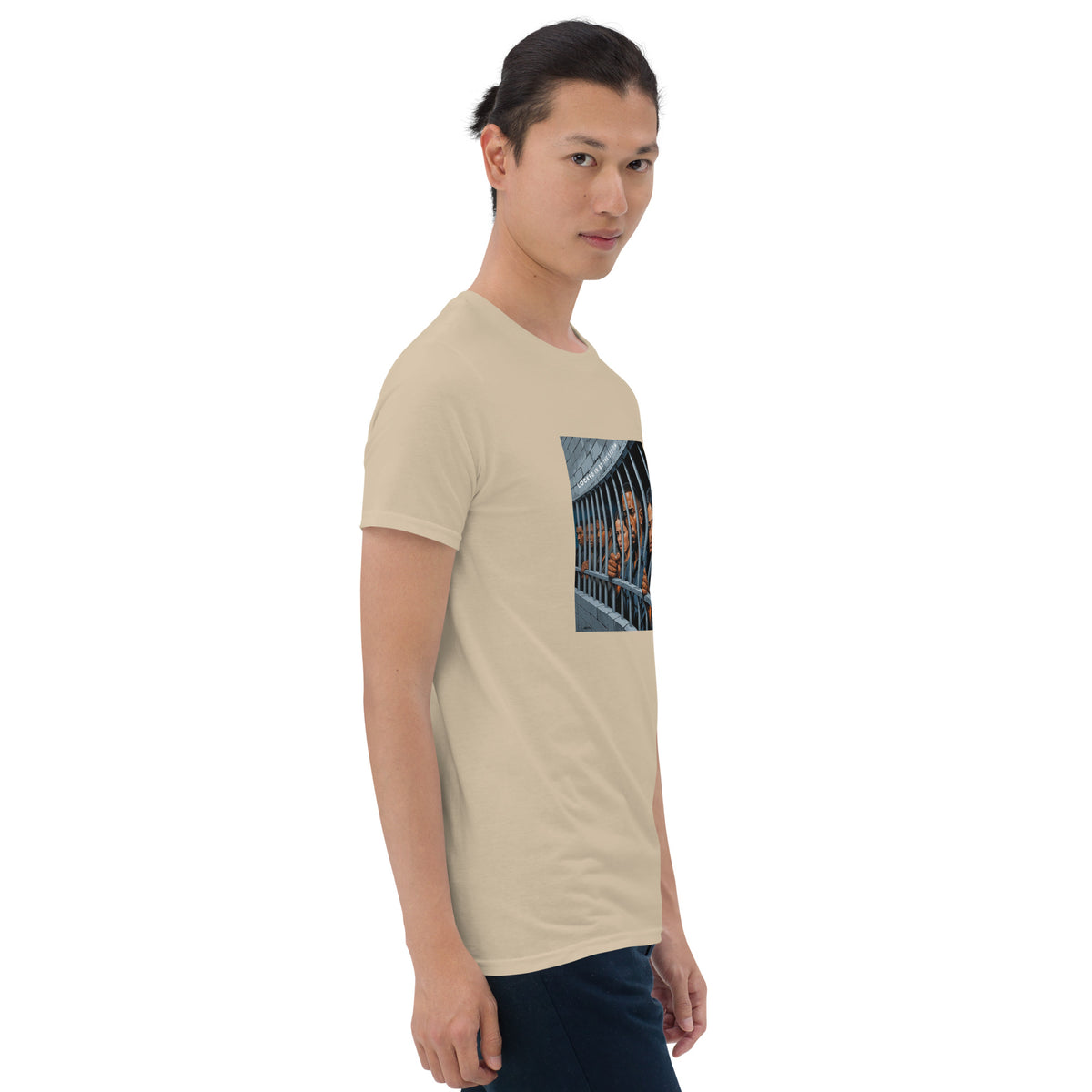 MIS Apparel sand graphic tee with square cage artwork at upper chest