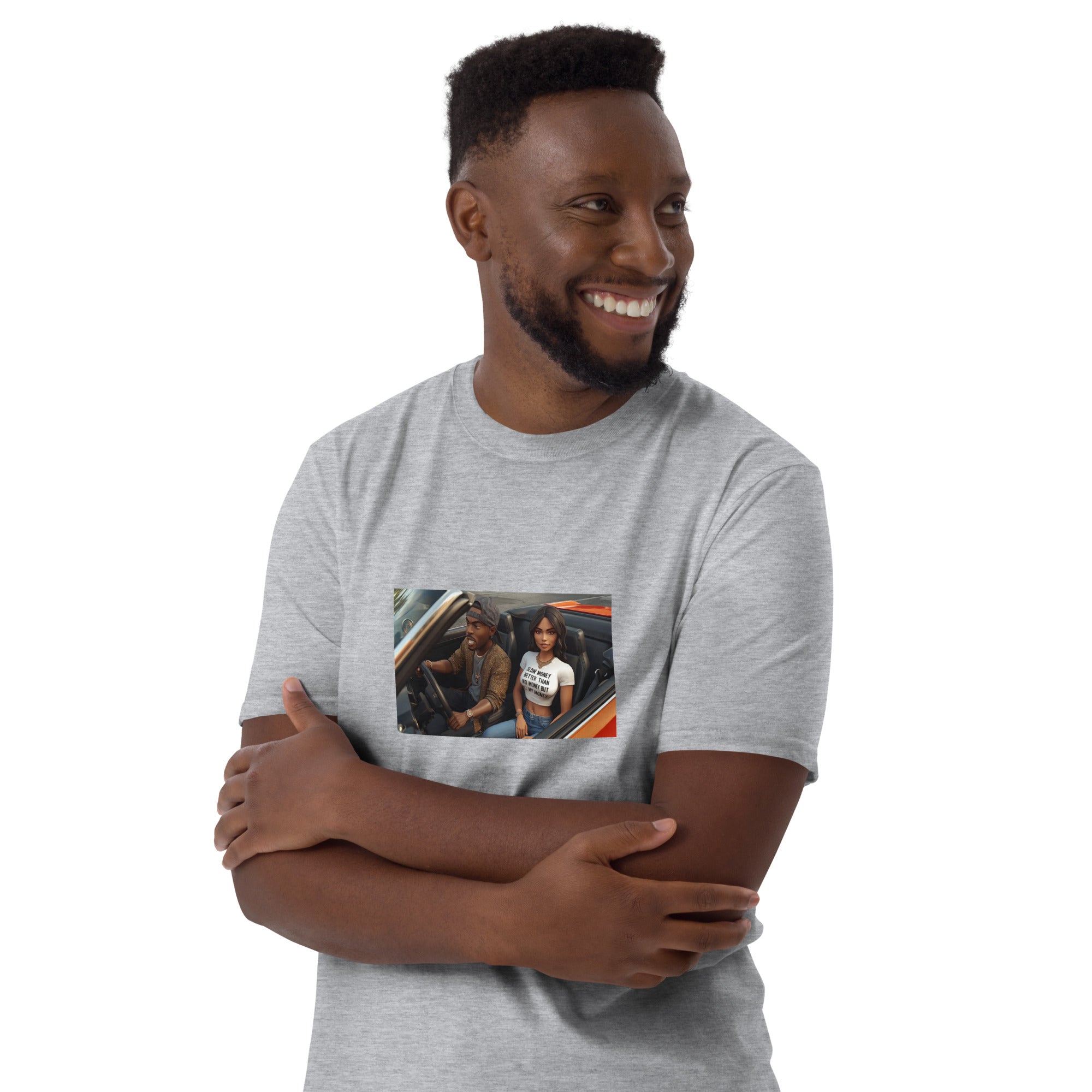 Heather grey unisex short-sleeve T-shirt, front side view, chest photo graphic