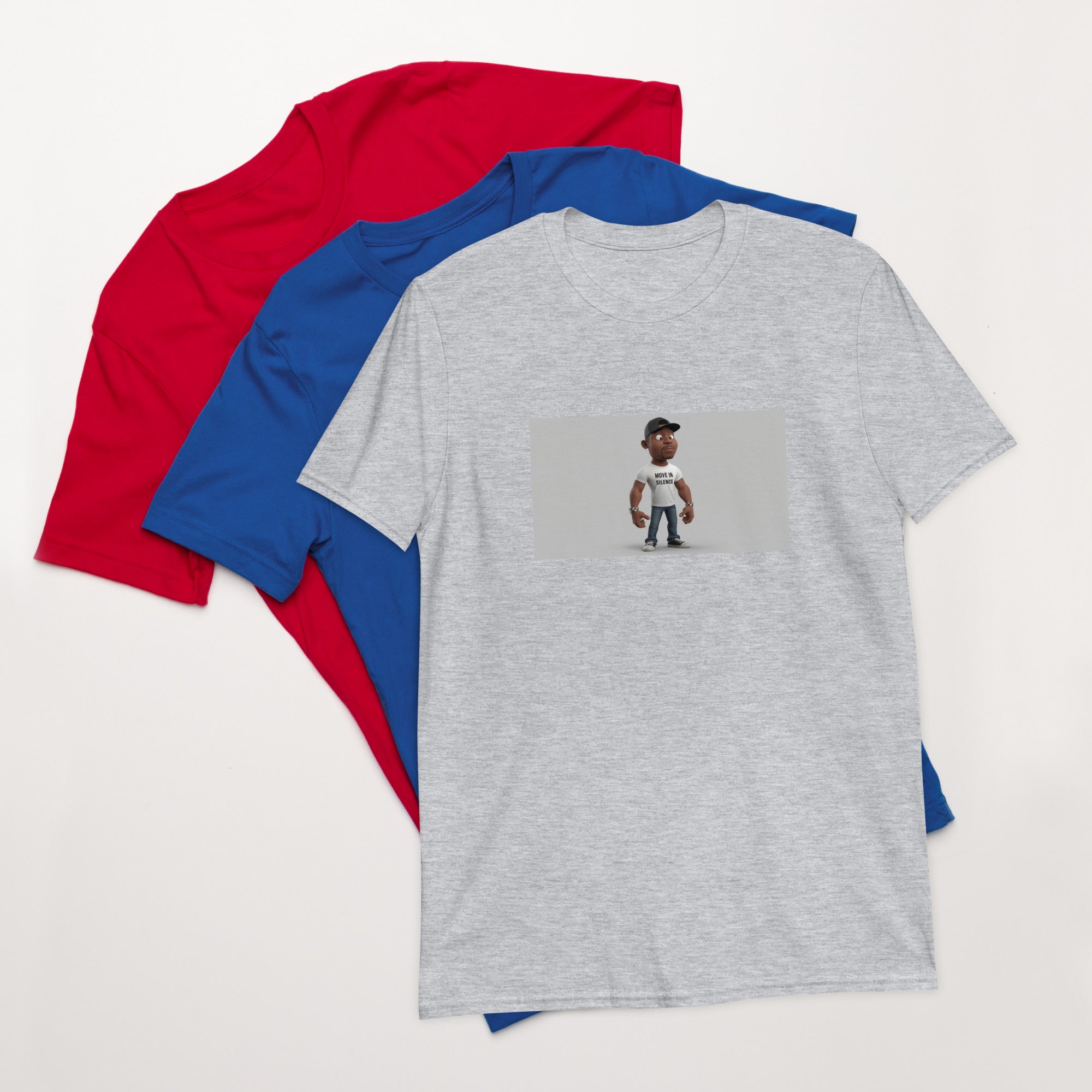 Heather Red short-sleeve unisex T-shirt in Sport Grey, front graphic print