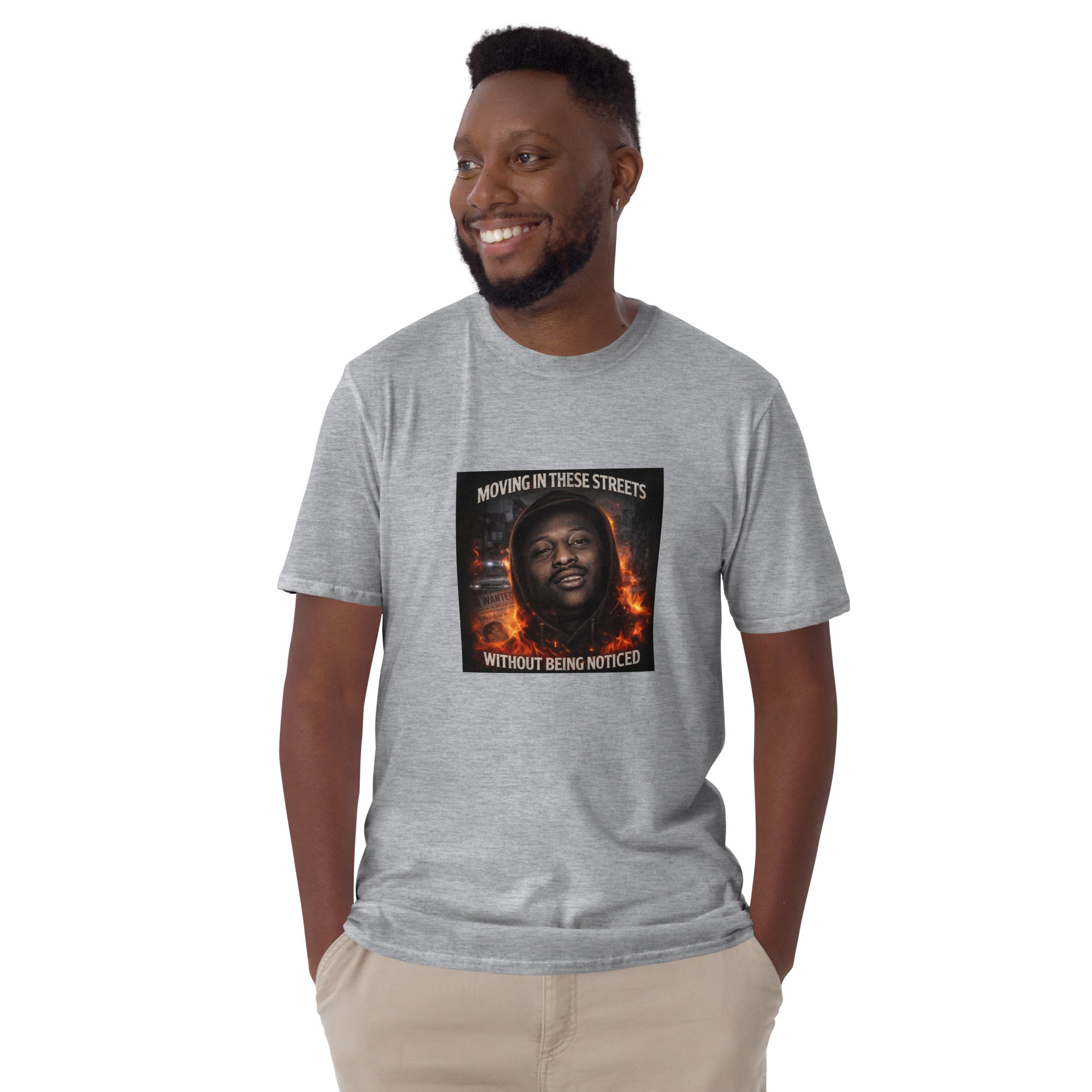 Grau meliertes Unisex-T-Shirt mit Rundhalsausschnitt und quadratischem Frontprint