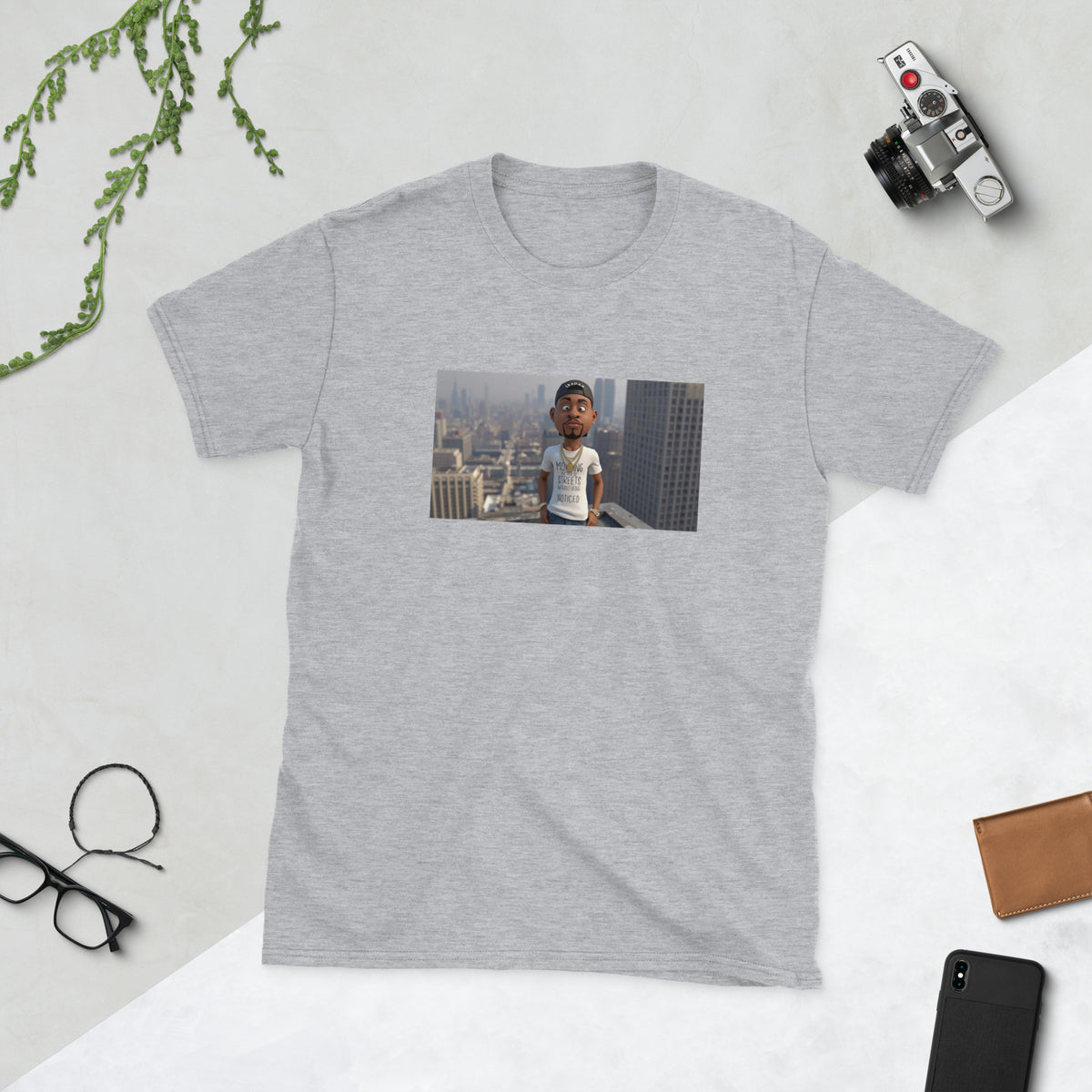 Heather grey graphic T-shirt with front photo print, crew neck short sleeves