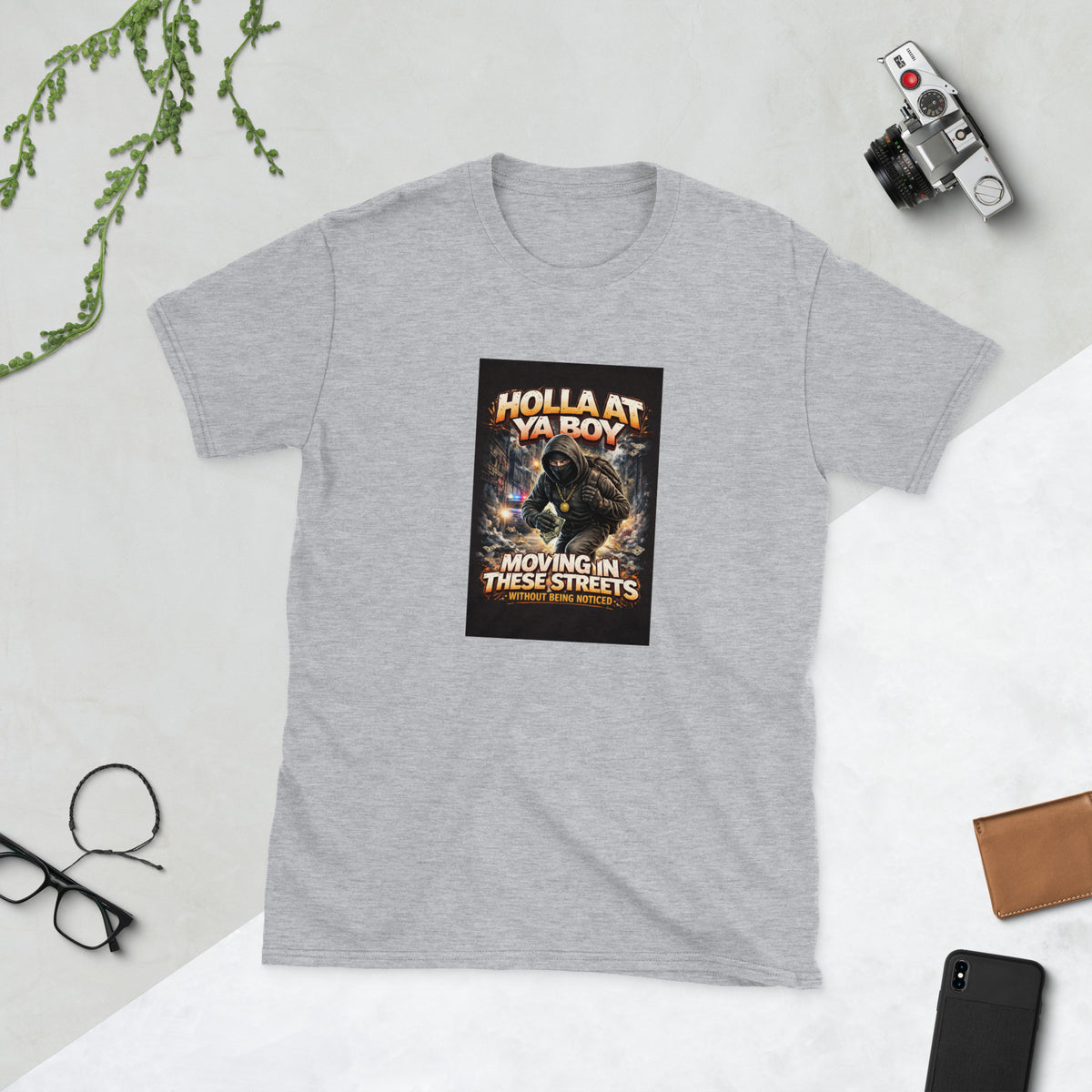 Heather gray graphic streetwear tee with front square cat print