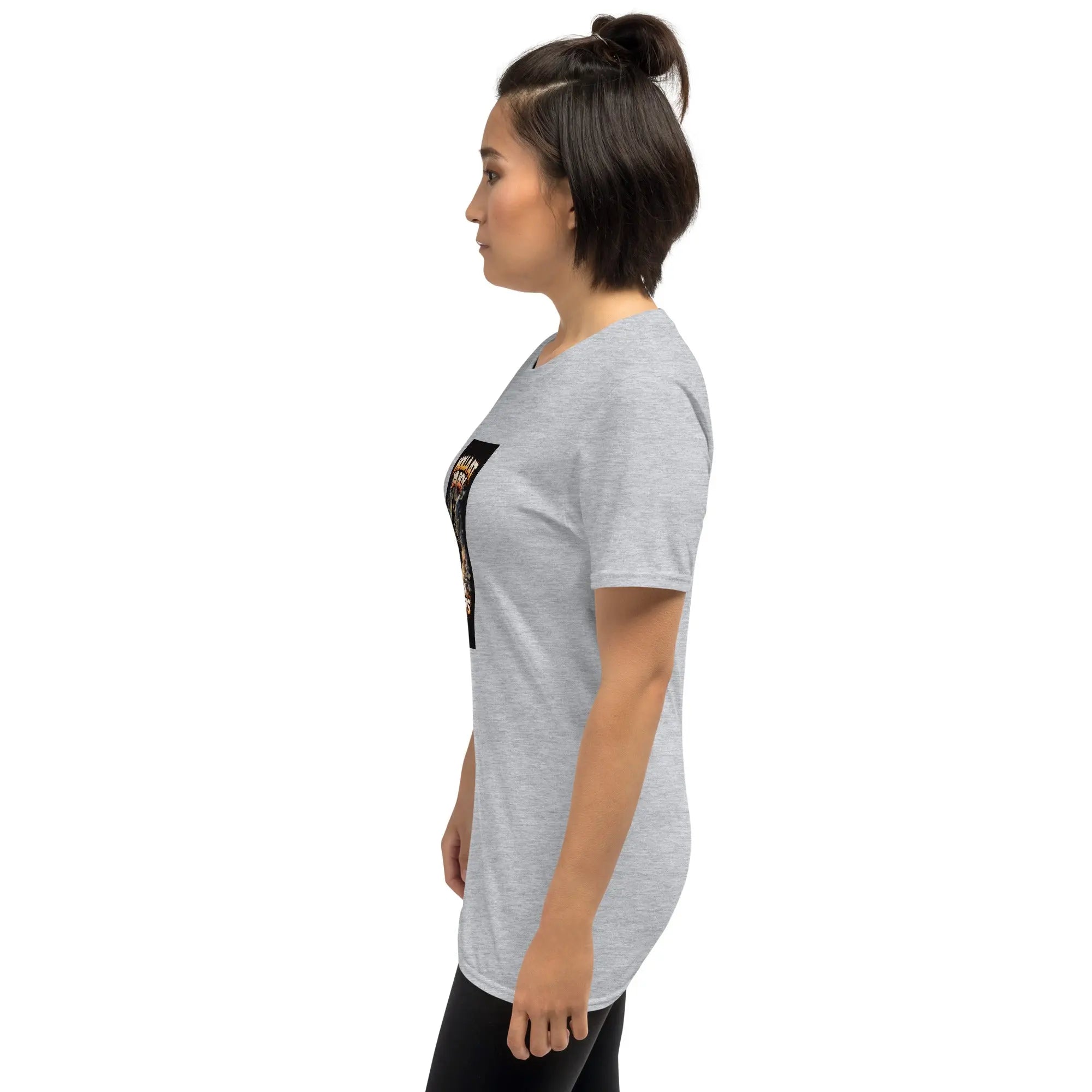 Heather grey unisex T-shirt, short sleeves, side graphic print