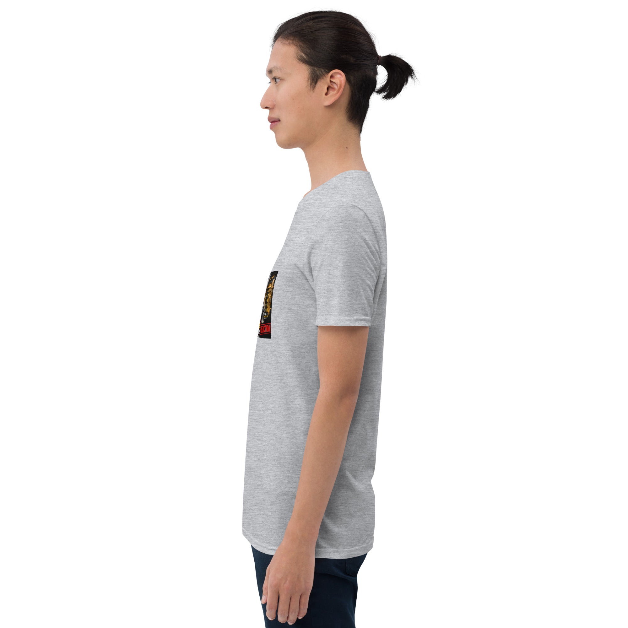 Heather gray unisex short-sleeve T-shirt, side view with partial sleeve graphic.