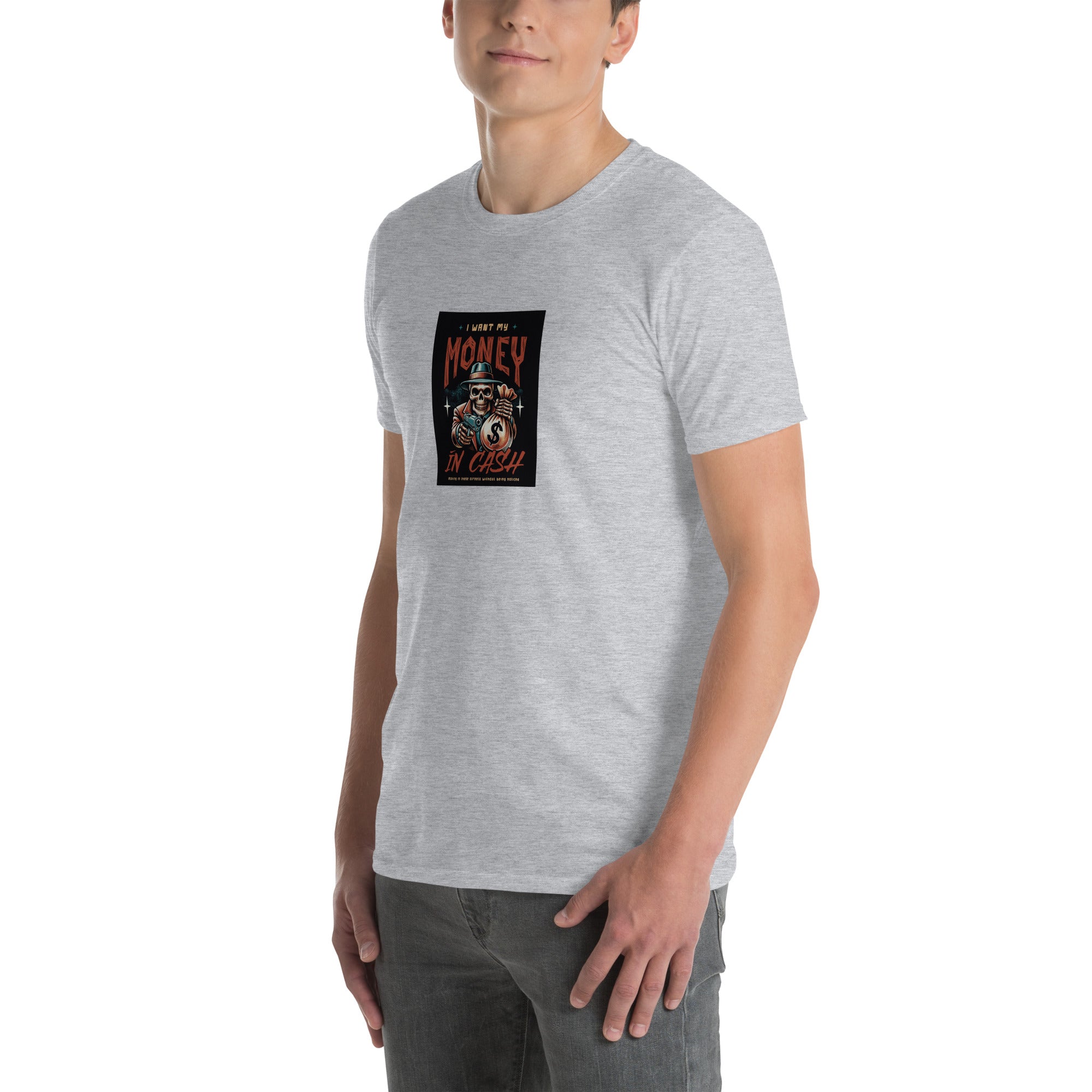 Sport Grey short-sleeve unisex T-shirt with centered square “Money in Cash” print
