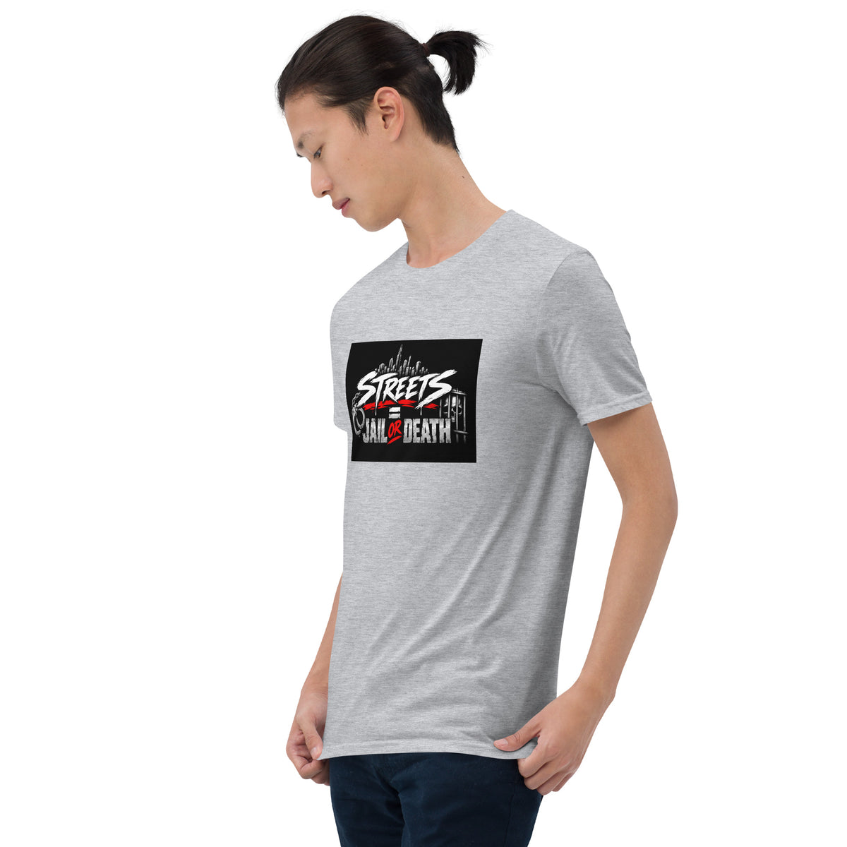 Unisex heather gray crewneck short-sleeve T-shirt with Streets Jail or Death graphic on chest