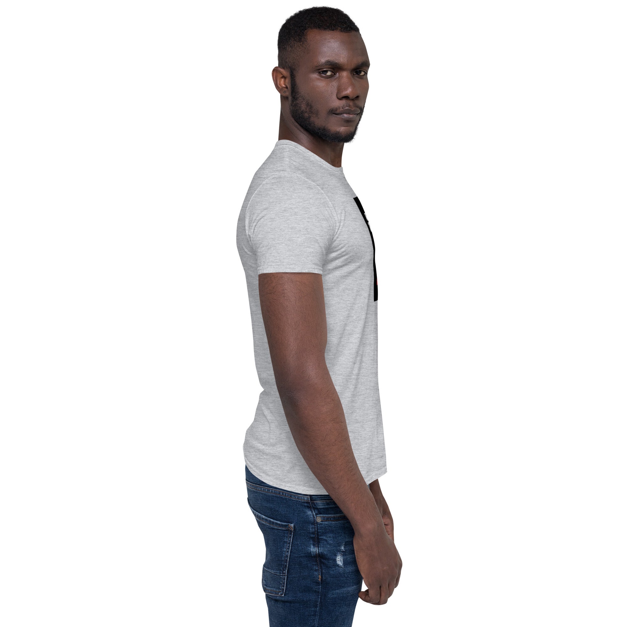 Heather gray unisex short-sleeve T-shirt, side view with partial graphic