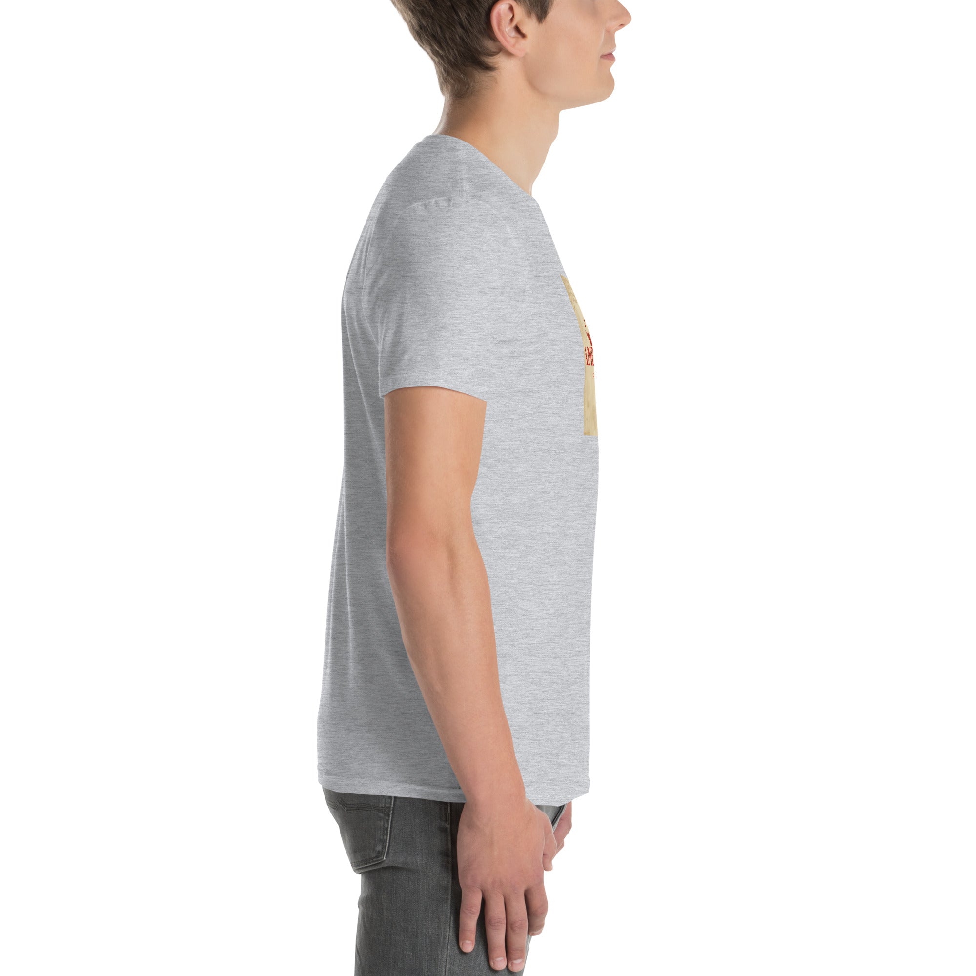 America Is A Scam unisex T-shirt heather grey, Seitenprofil mit Ärmelansicht