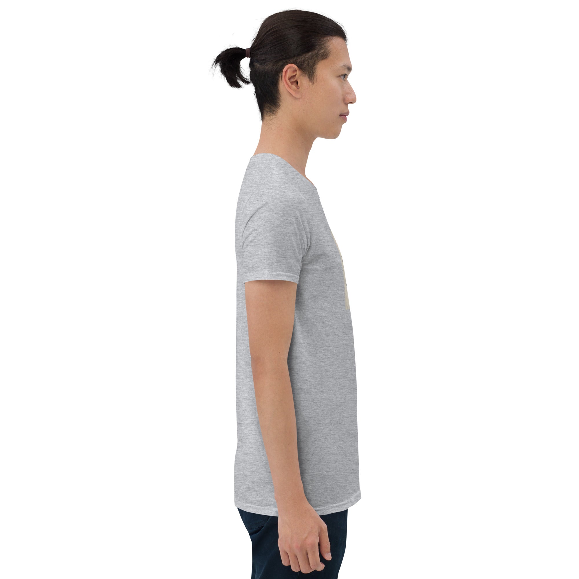 Heather grey T-shirt with short sleeves, side view; small chest graphic text.