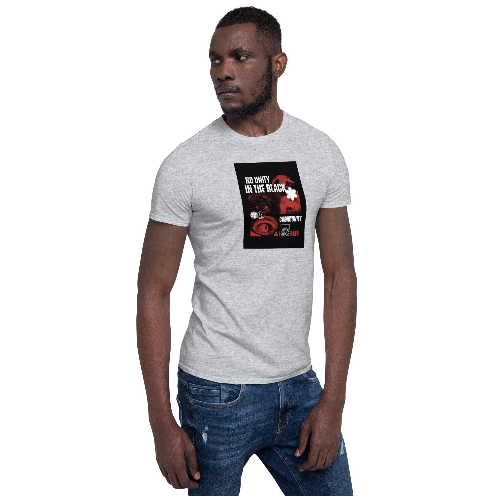 Unisex short-sleeve T-shirt in heather gray with black square chest graphic