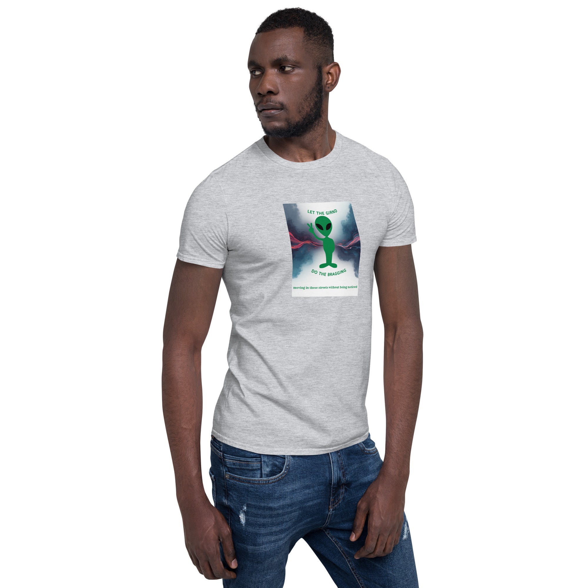 Let The Grind Do The Bragging T-Shirt, meliert grau, Front-Quadratdruck, kurze Ärmel