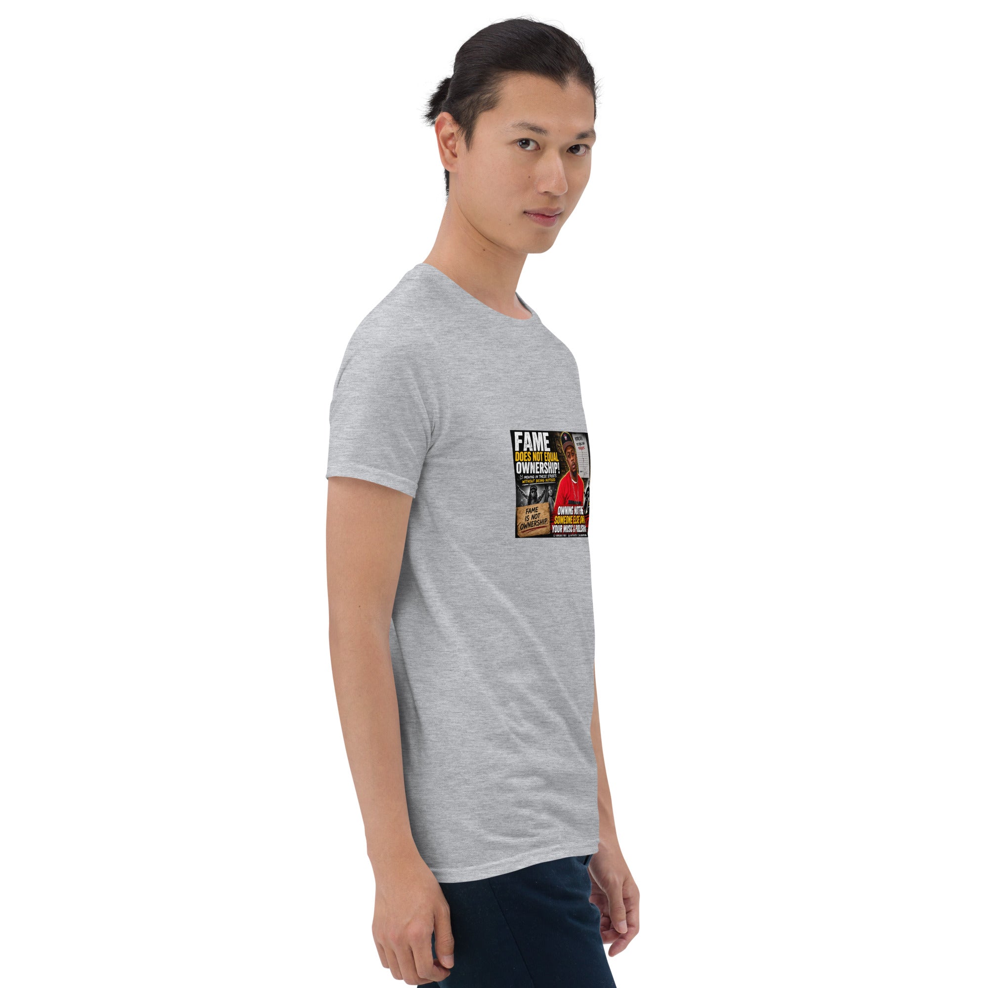 Unisex short-sleeve t-shirt, heather gray, front view with colorful chest graphic print