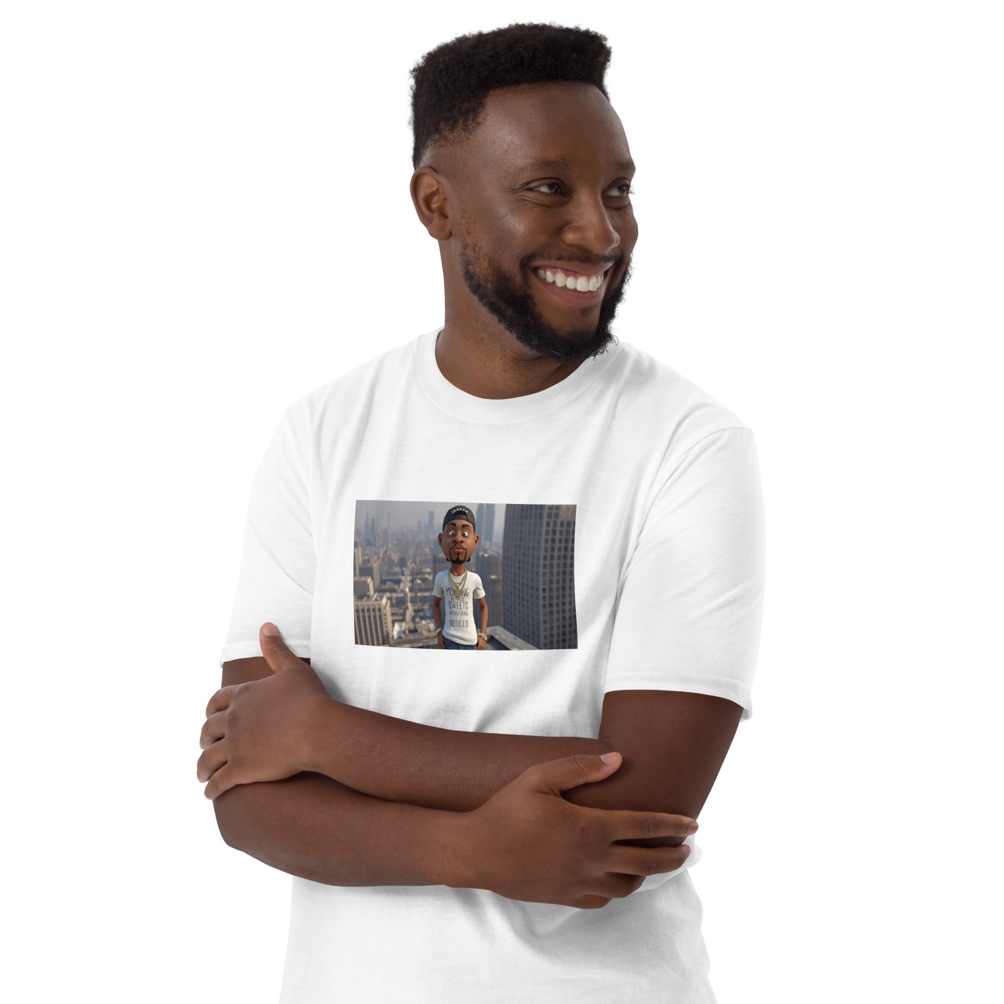 Short-sleeve unisex T-shirt, white front with square photo graphic, arms crossed