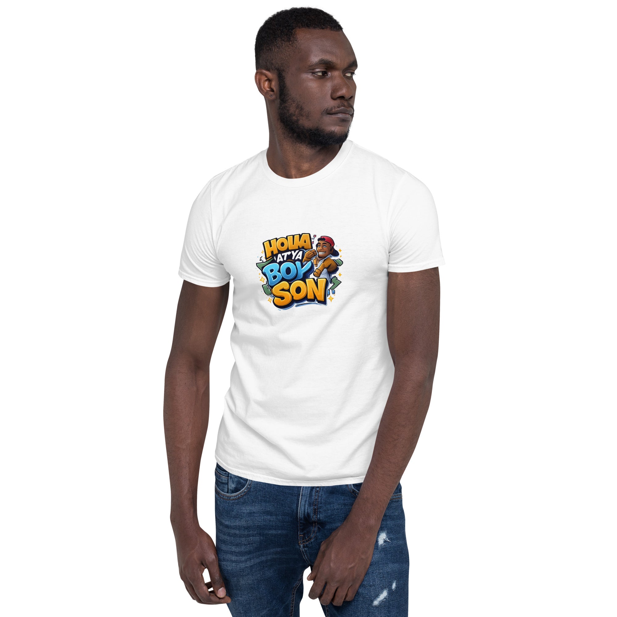 Holla At Ya Boy Son T-shirt unissex, estampa frontal colorida em fundo branco
