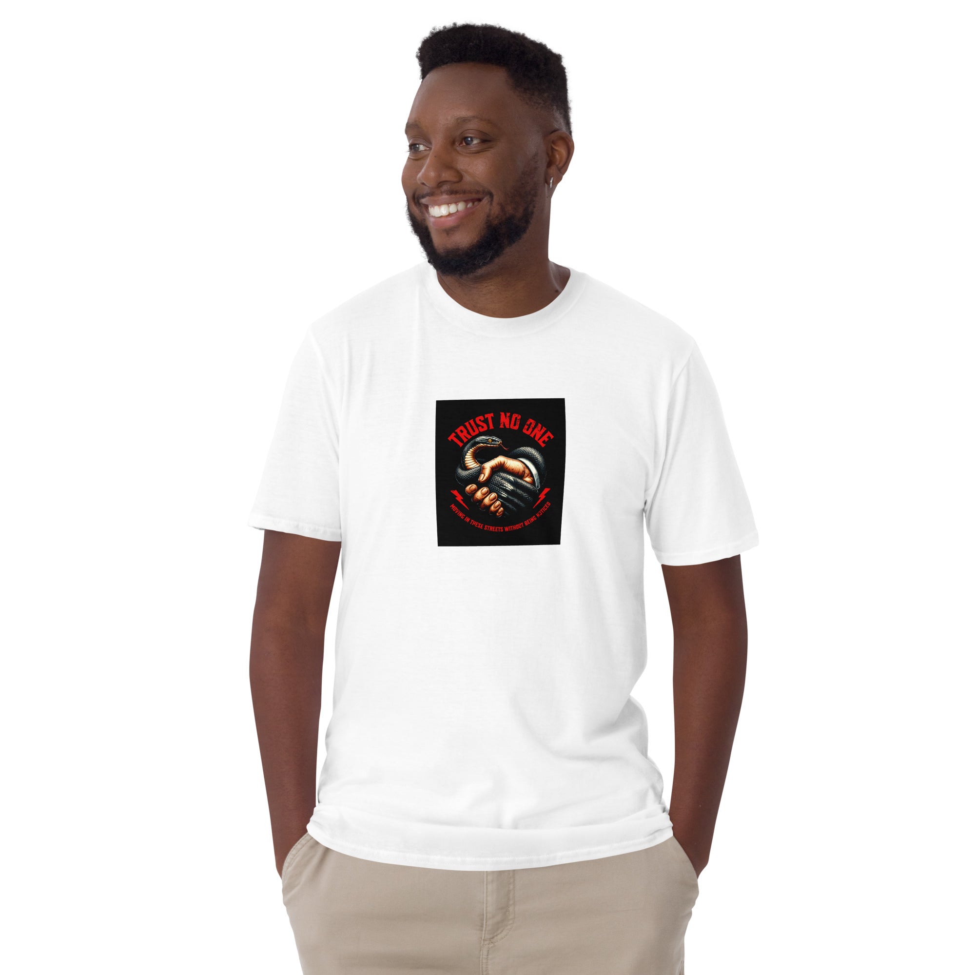 Trust No One short-sleeve unisex T-shirt in white, front square “Trust No One”