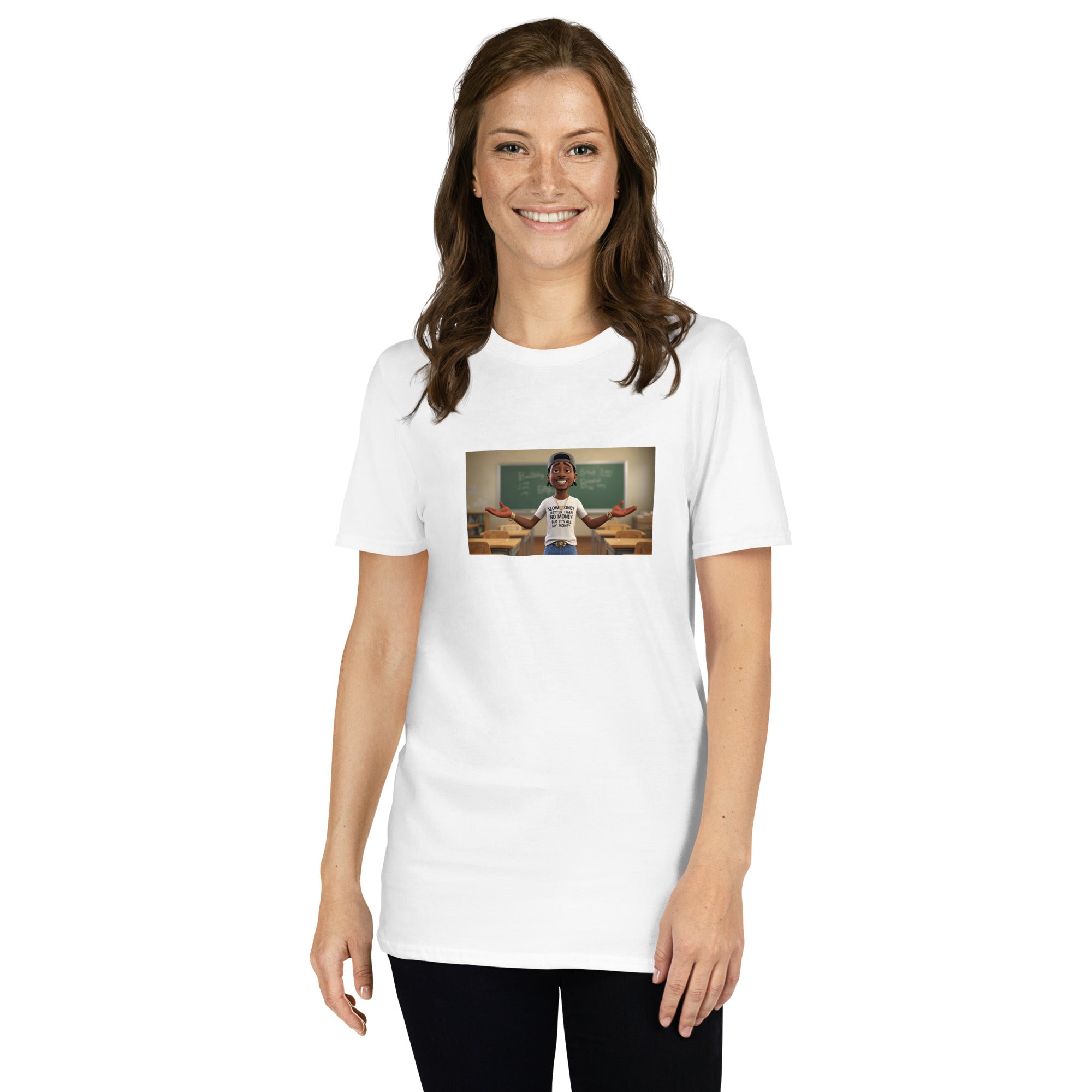 White unisex T-shirt front view; graphic print across the upper chest