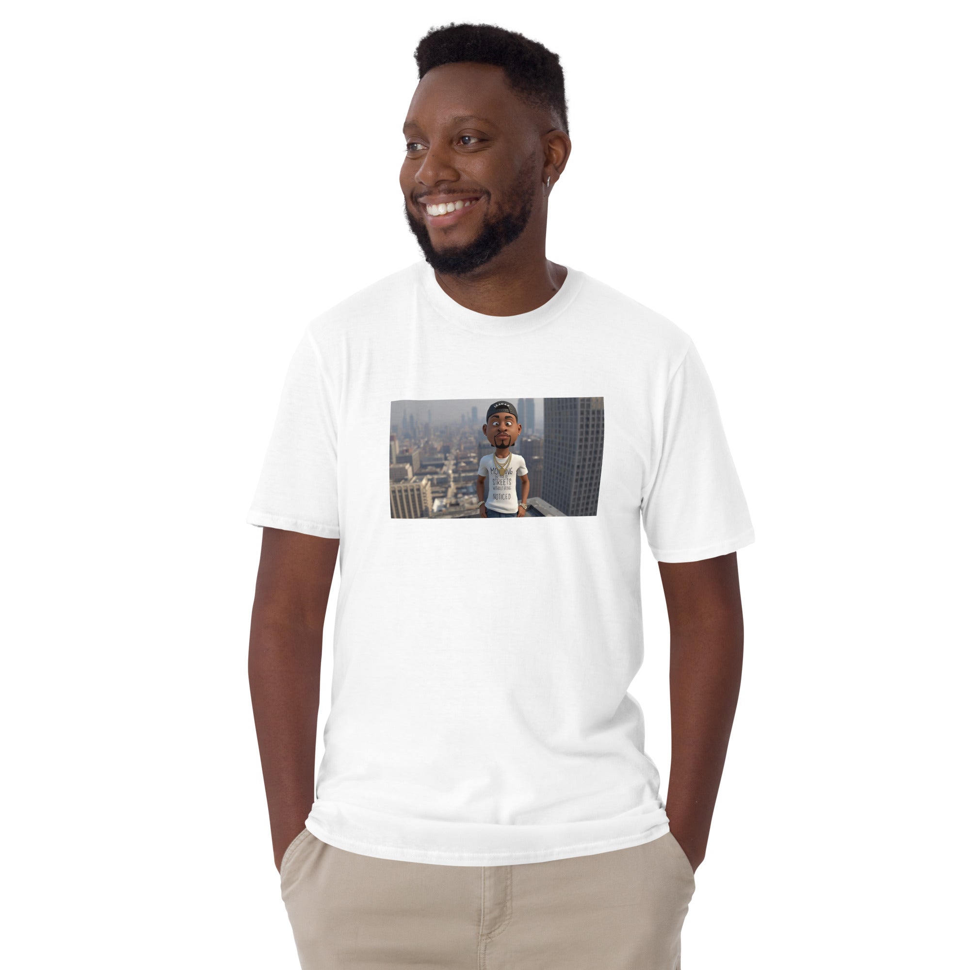 Short-sleeve unisex T-shirt, white front with photo-style graphic on chest