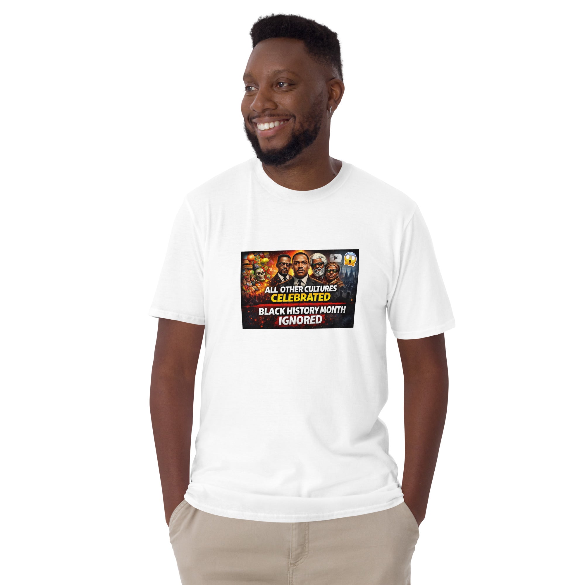 Weißes Unisex-T-Shirt mit Frontgrafik und Schriftzug „Black History Month Ignored“