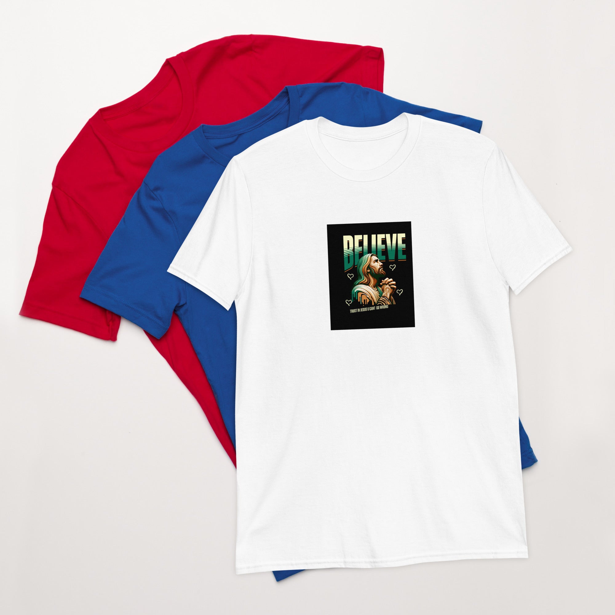 White unisex T-shirt with short sleeves and front graphic print