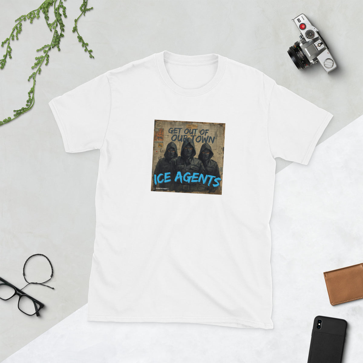 White crewneck graphic tee with square front print reading "ICE AGENTS"