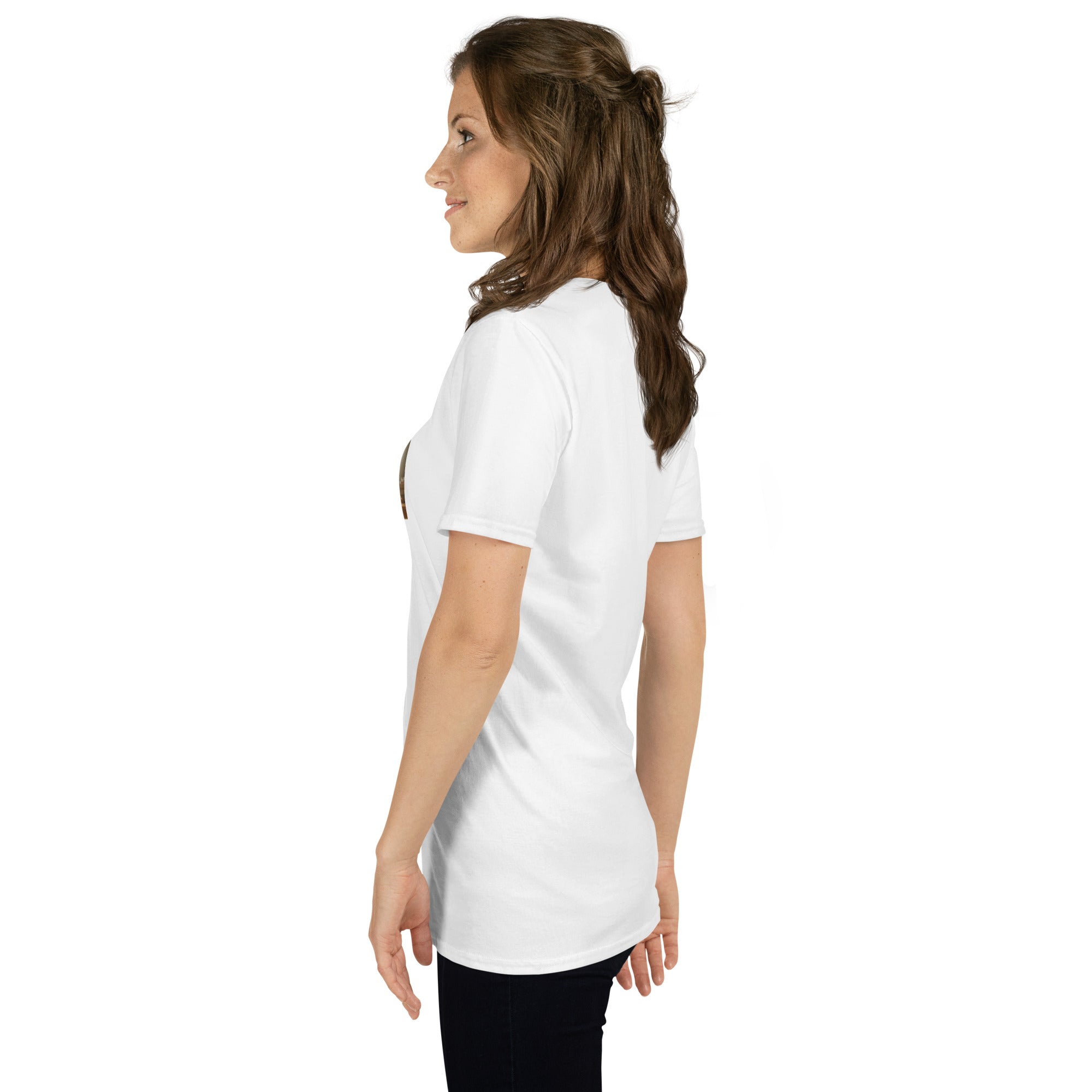 White unisex T-shirt, side profile; crew neck and short sleeves, simple front