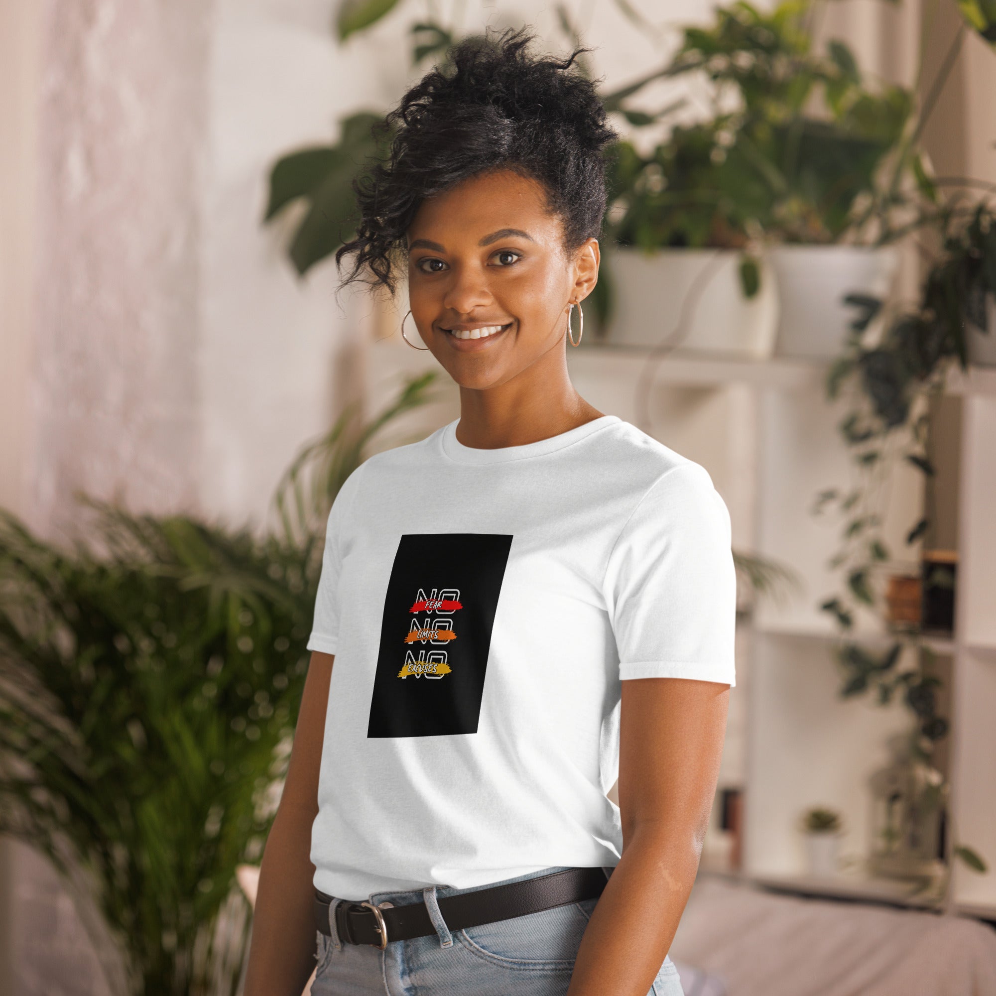 White crew-neck unisex T-shirt with front square logo print