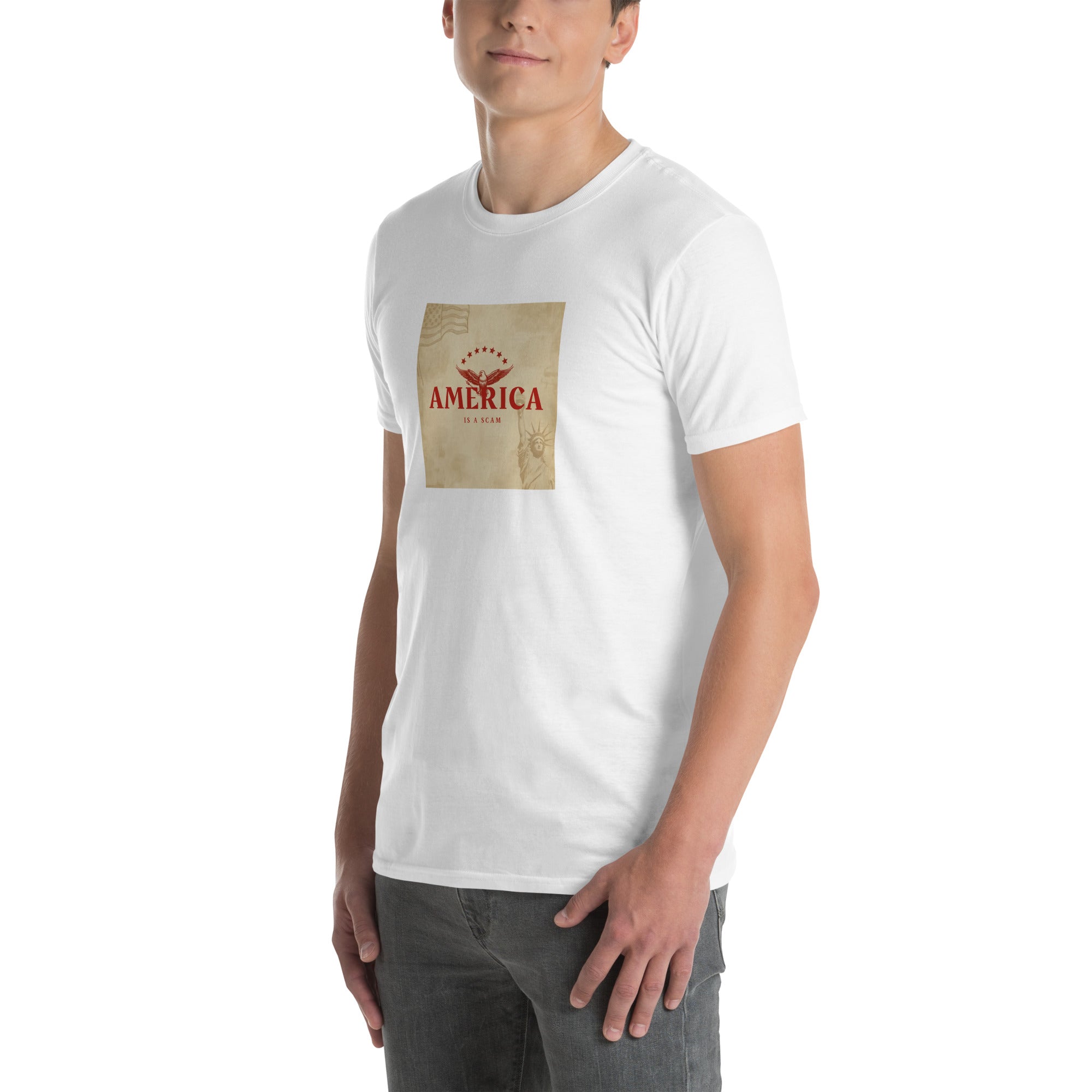 America Is A Scam T-shirt, white unisex, front square graphic, straight hem