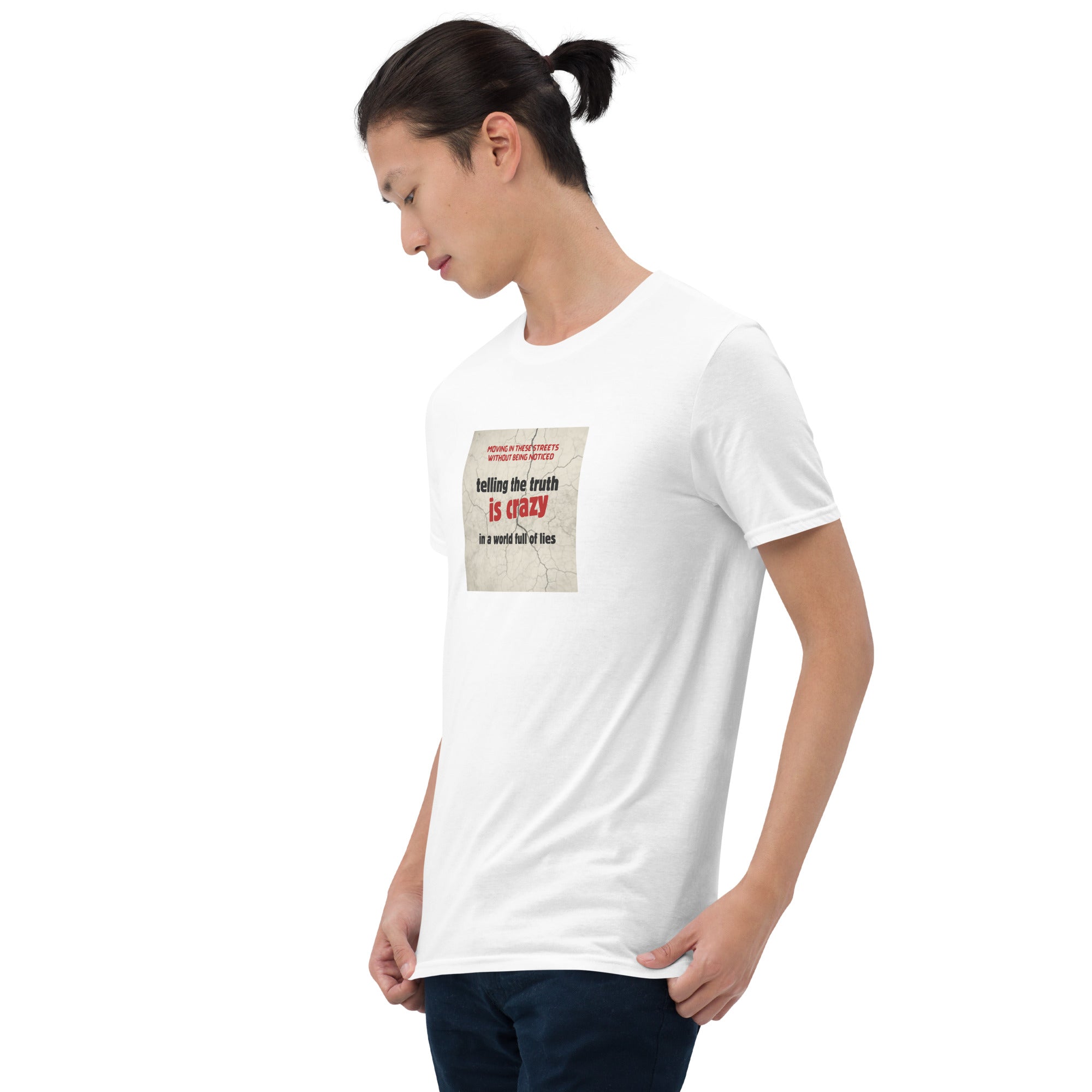 White T-shirt angled front view with square quote graphic