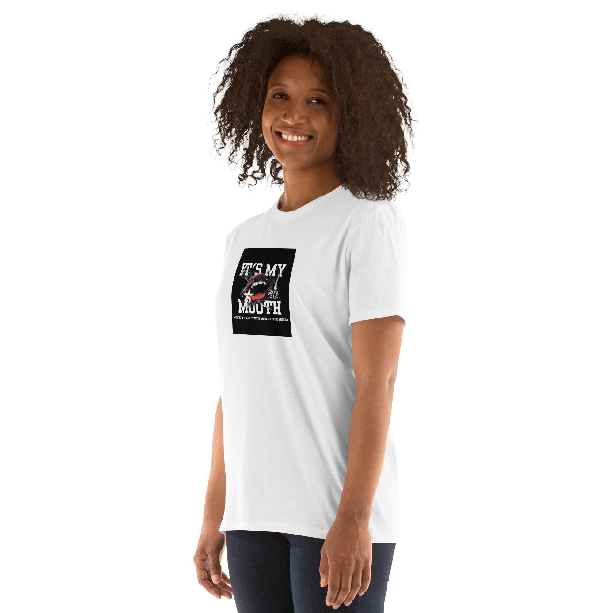 White unisex short-sleeve T-shirt with square “IT’S MY MOUTH” print