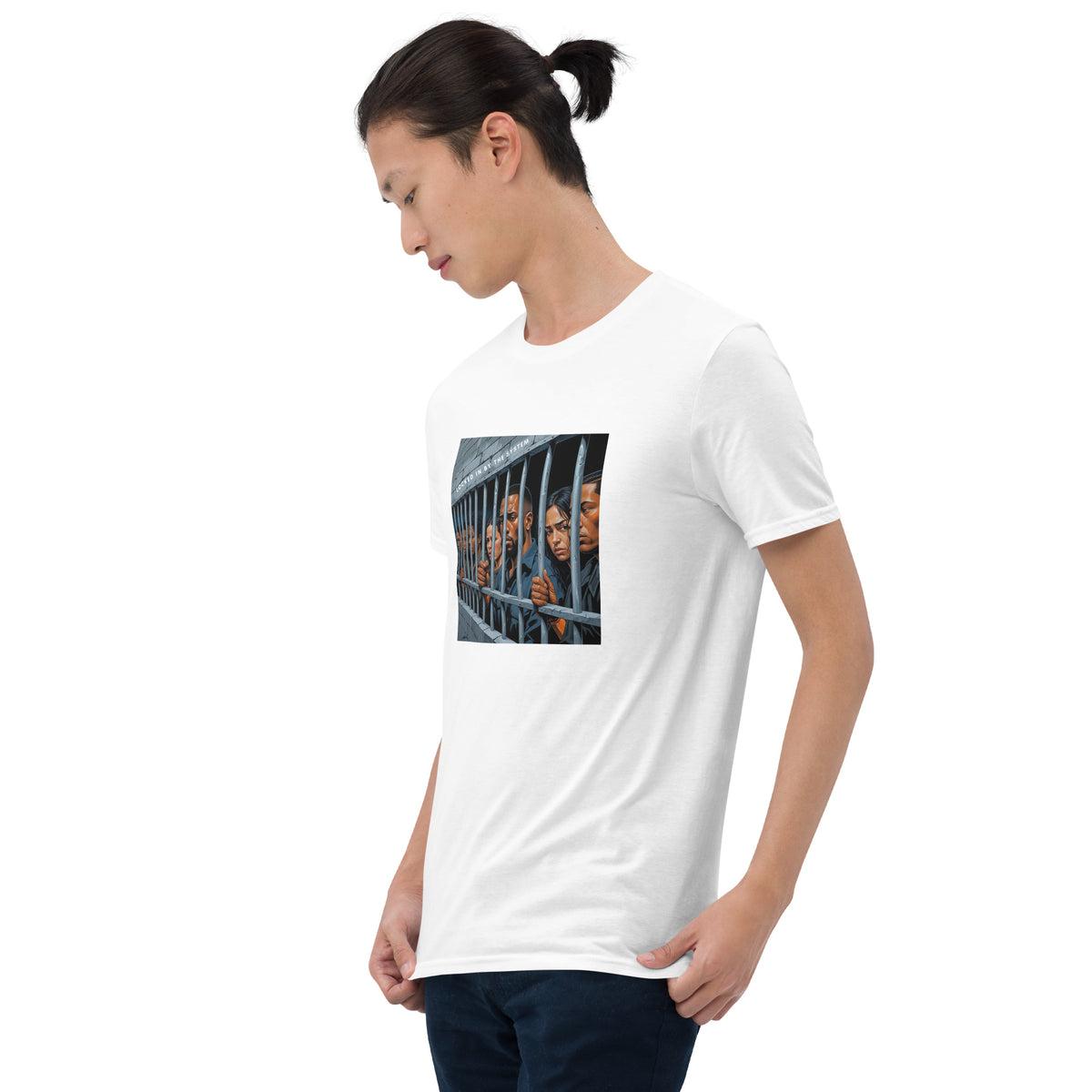 White graphic crew-neck T-shirt with centered front photo print