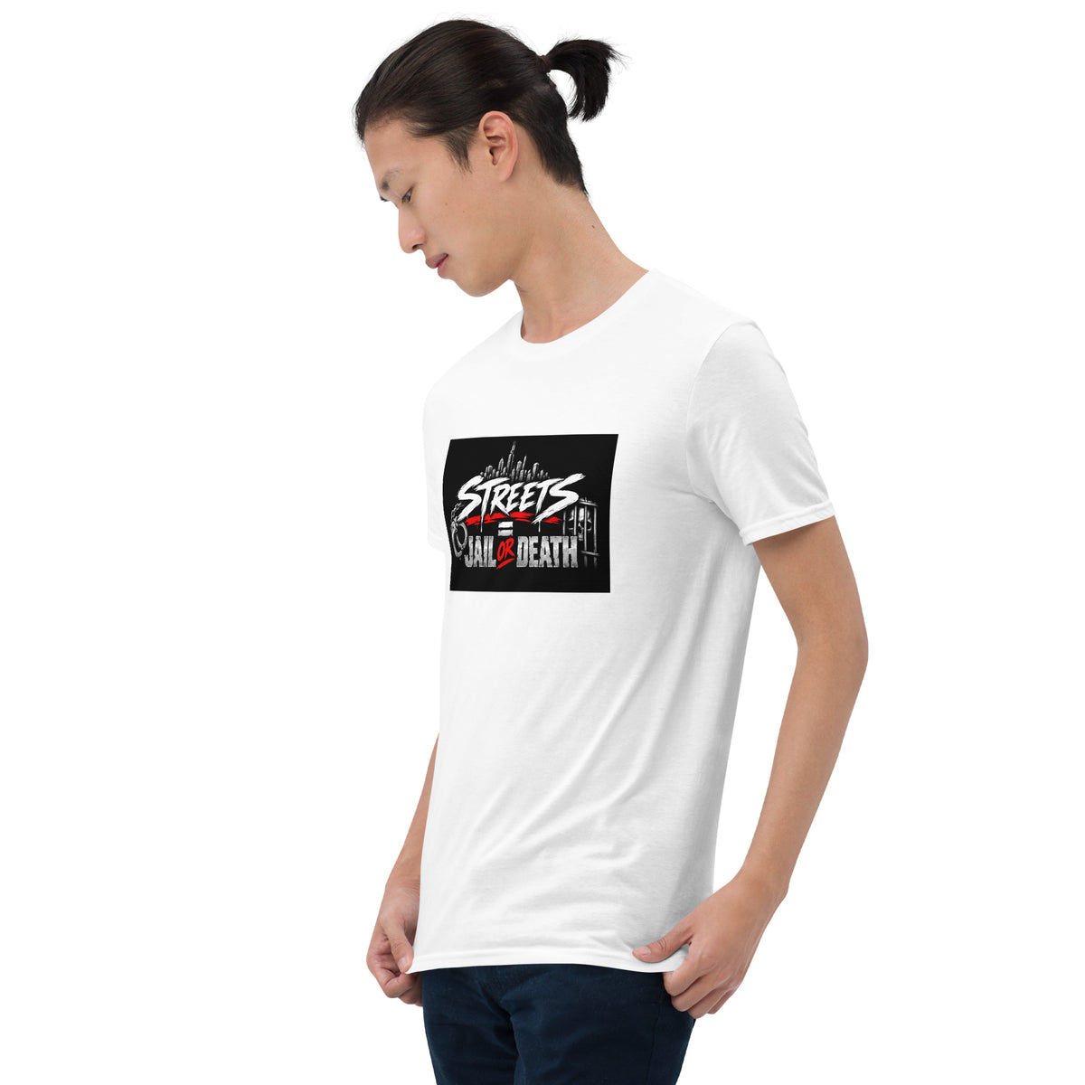 White unisex graphic T-shirt front side view with black chest graphic and red details